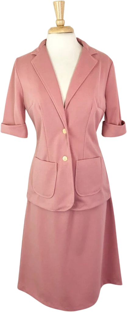 Medium To Large Vintage 70s Blush Two Piece Polyester Skirt and Butterfly Collar Jacket Set by Sears