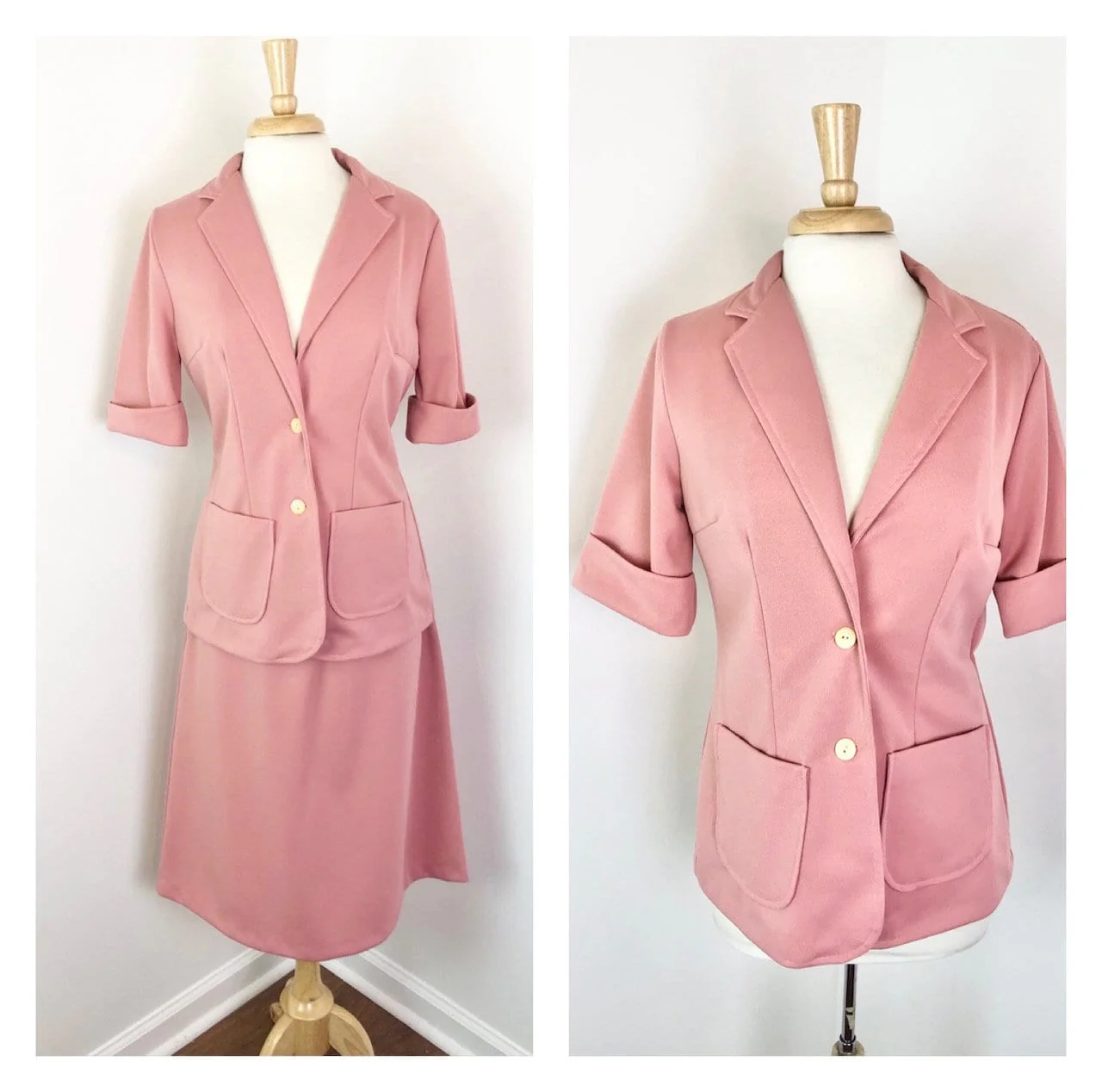 Medium To Large Vintage 70s Blush Two Piece Polyester Skirt and Butterfly Collar Jacket Set by Sears - Image 3