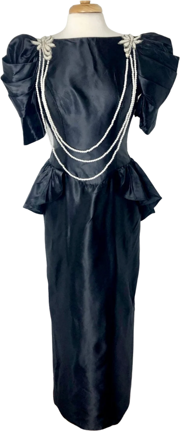 Medium To Large Vintage 80s Black Faux Liquid Satin Waterfall Gown by Dance Allure