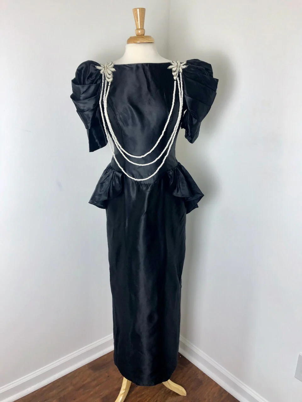 Medium To Large Vintage 80s Black Faux Liquid Satin Waterfall Gown by Dance Allure - Image 3
