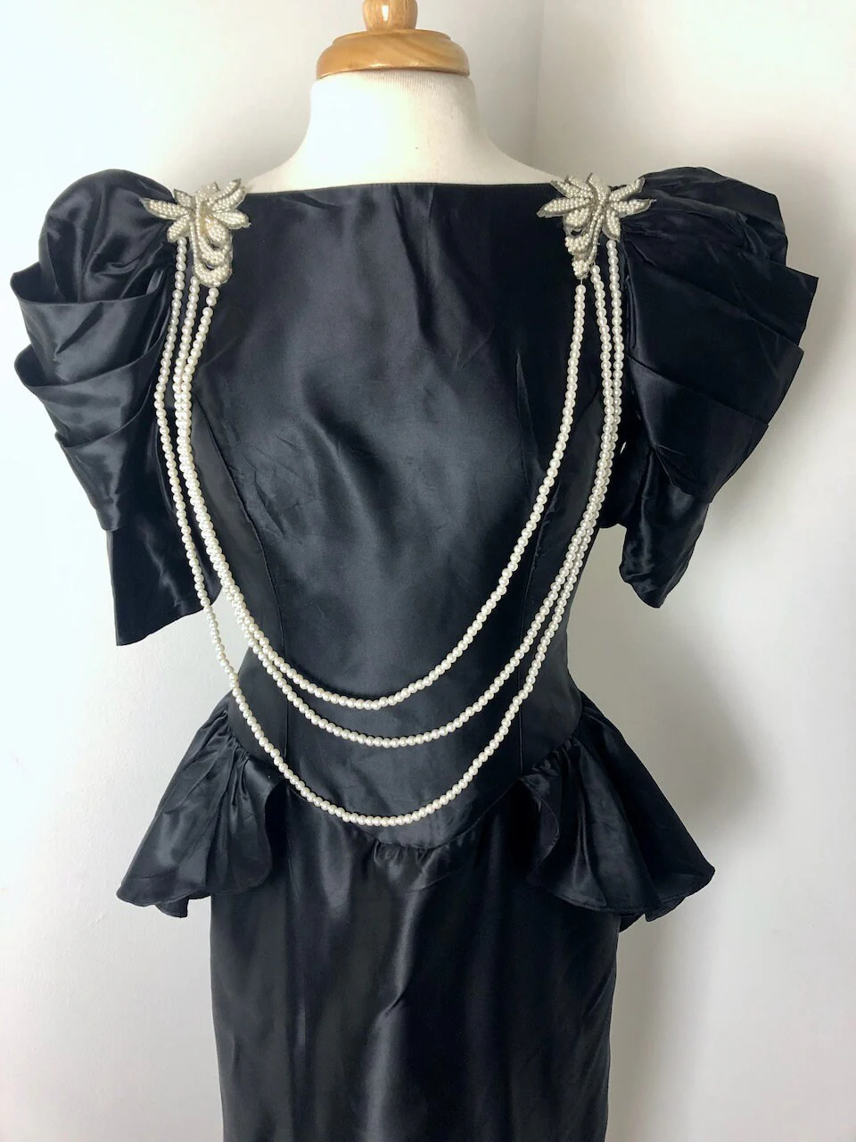 Medium To Large Vintage 80s Black Faux Liquid Satin Waterfall Gown by Dance Allure - Image 4