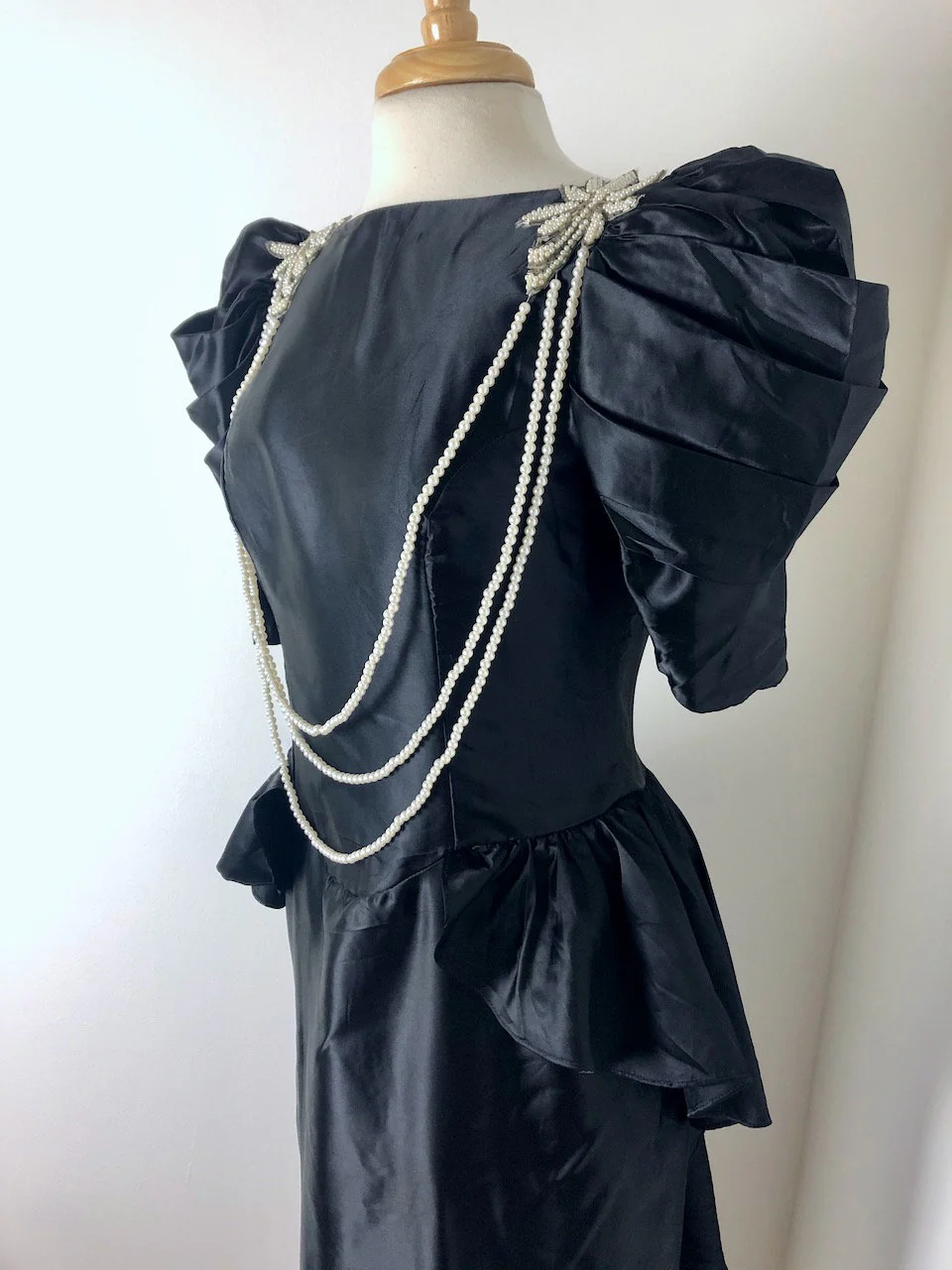 Medium To Large Vintage 80s Black Faux Liquid Satin Waterfall Gown by Dance Allure - Image 6