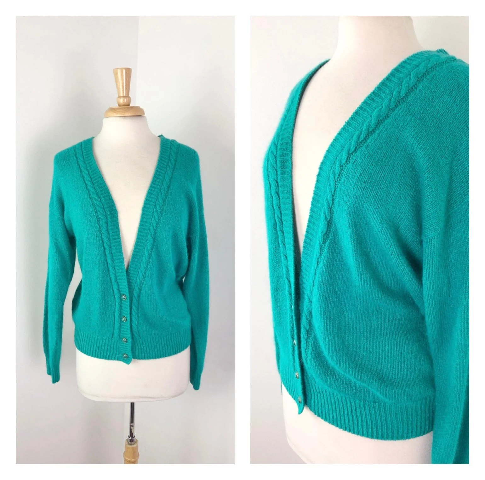 Medium To Large Vintage 90s Teal Silk and Angora Cardigan by De Rothchild - Image 2