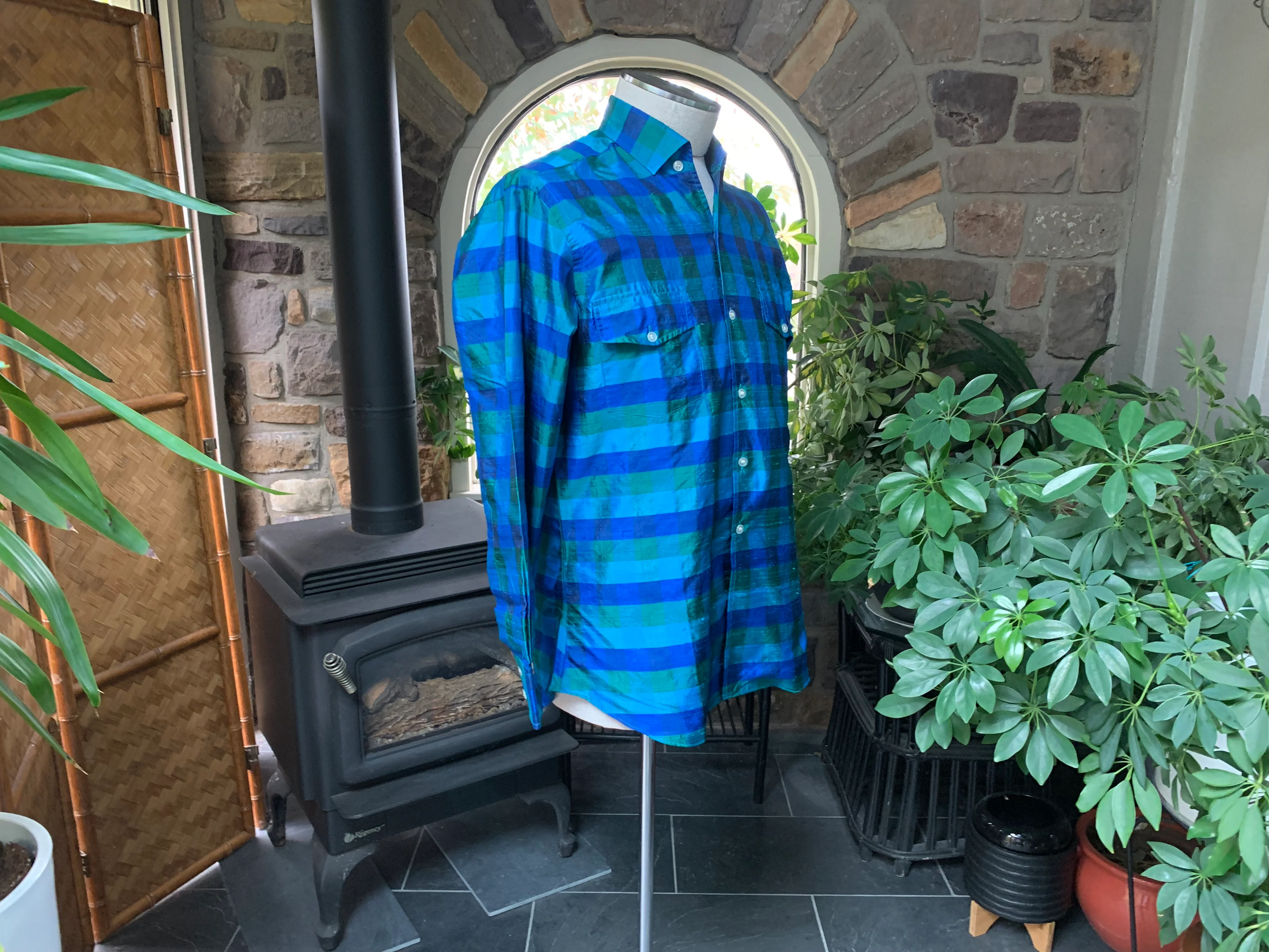 Mens Blue And Green Stripe Plaid Silk Custom Shirt By Takly - Image 10