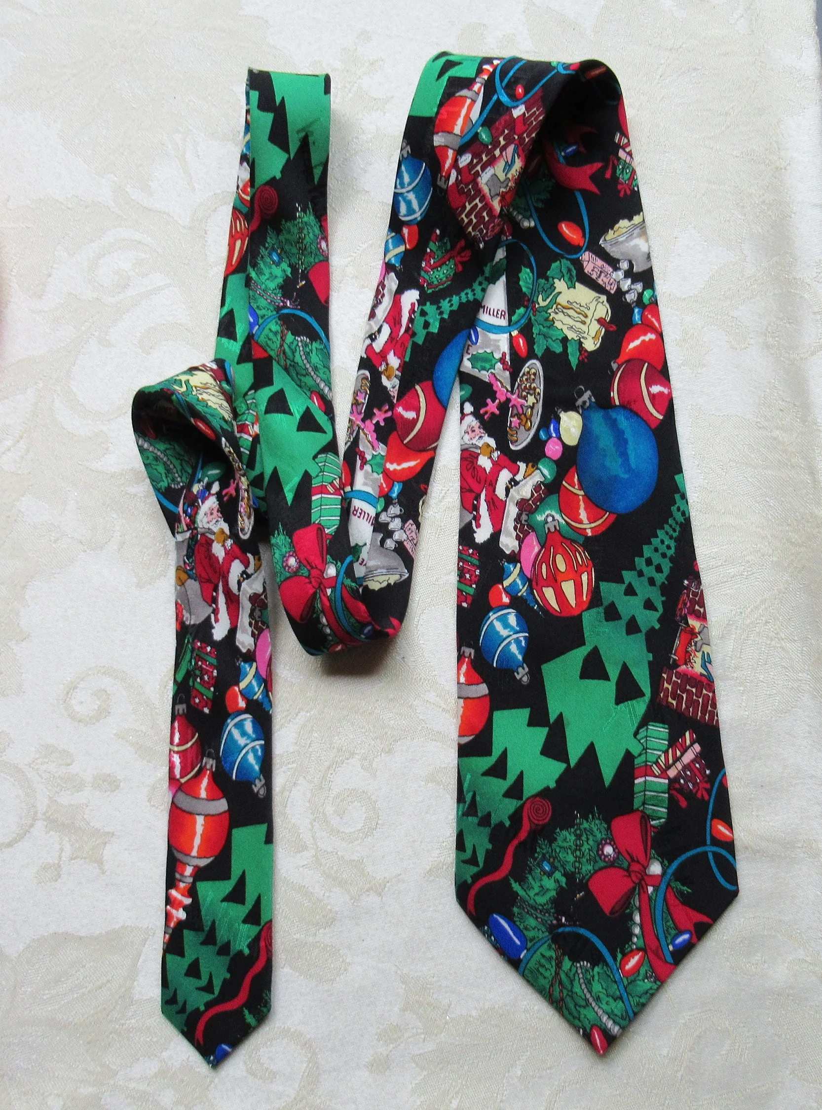 Men's Christmas Tie Hand Sewn 100% Silk Made In Korea Black Background with Holiday Colors Superb Tie! Dated 1993 by Nicole Miller - Image 2
