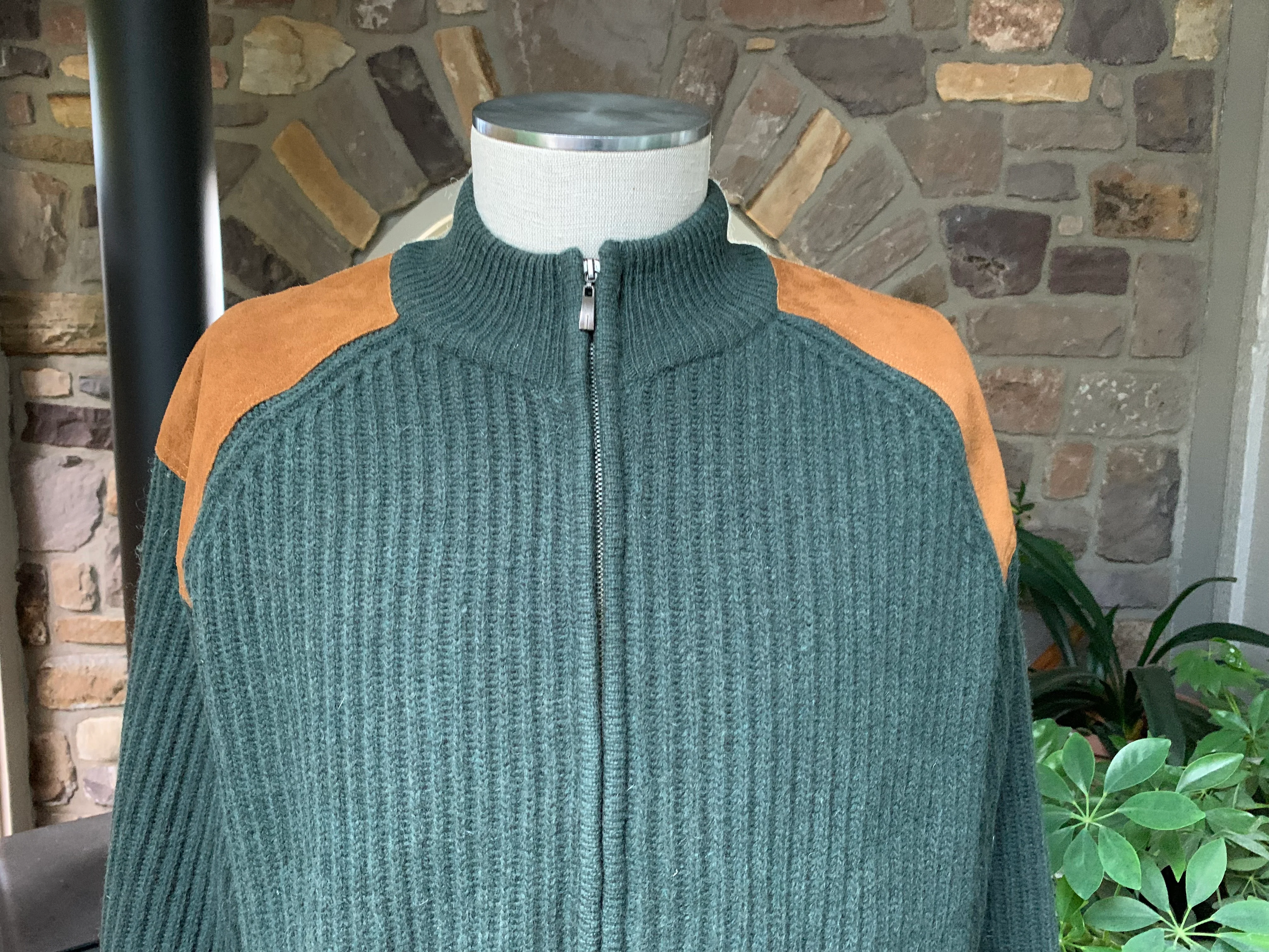 Mens Green Wool Rust Suede Front Zipper Sweater By Carraig Donn - Image 3