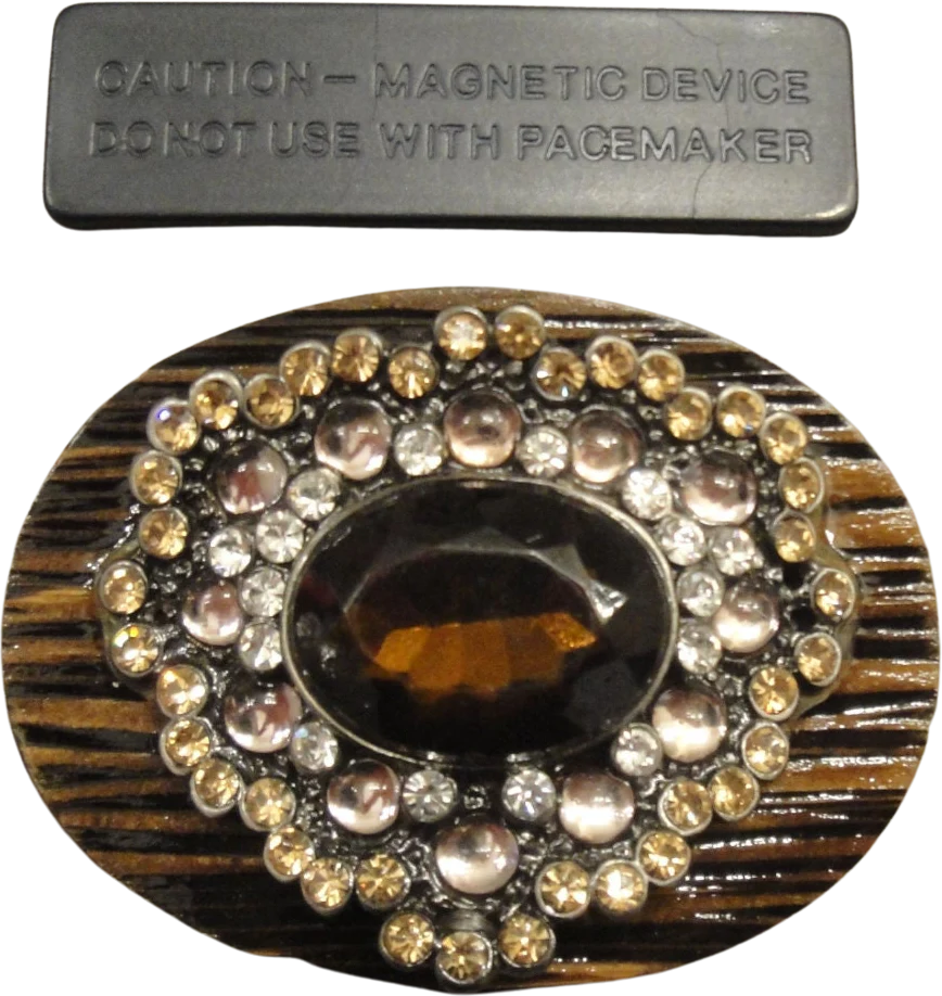 Metal and Brown Rhinestone Brooch 2 by 1 and 12 Recycled On Oval Wood Back with New Magnetic-Back Clasp Bonus Scarf Easy To Wear