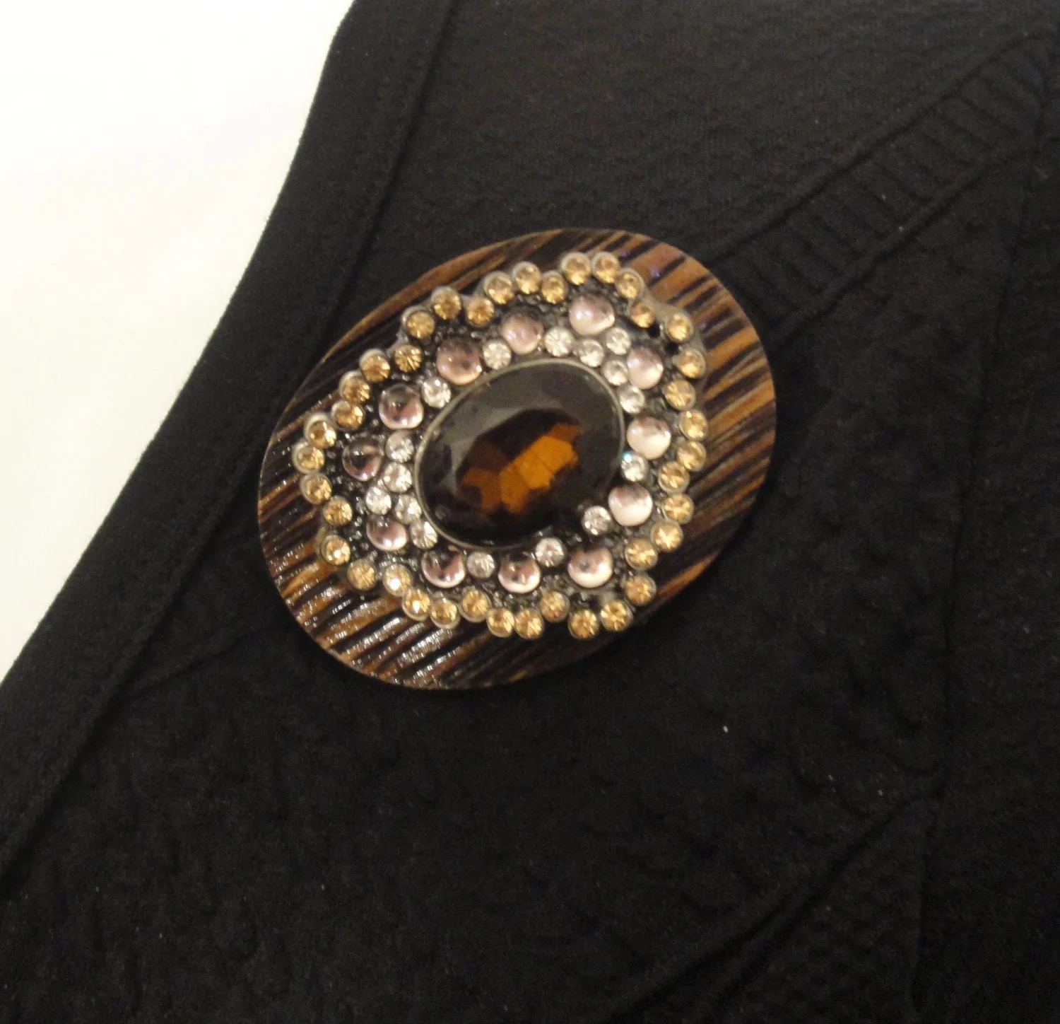 Metal and Brown Rhinestone Brooch 2 by 1 and 12 Recycled On Oval Wood Back with New Magnetic-Back Clasp Bonus Scarf Easy To Wear - Image 2