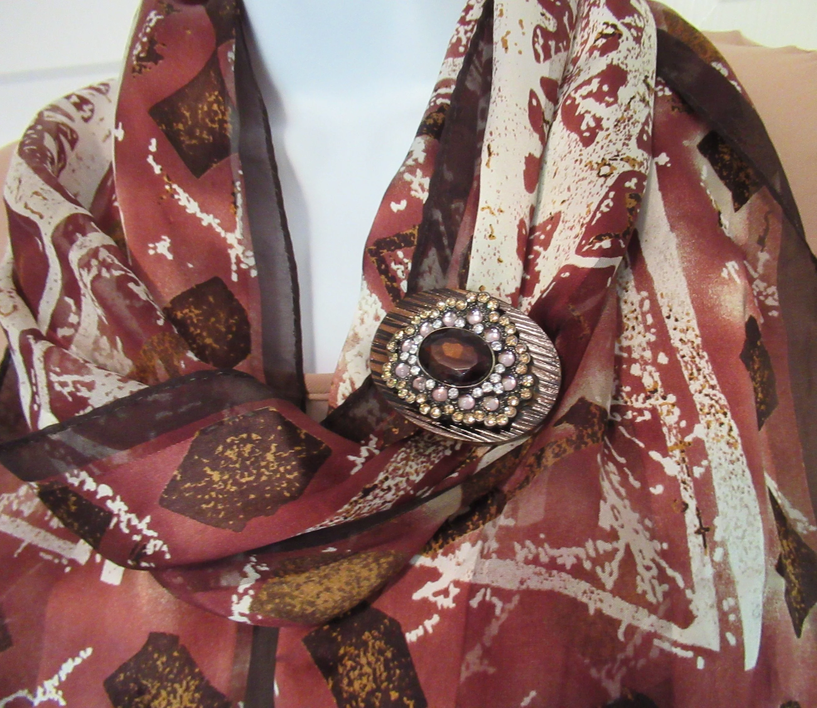 Metal and Brown Rhinestone Brooch 2 by 1 and 12 Recycled On Oval Wood Back with New Magnetic-Back Clasp Bonus Scarf Easy To Wear - Image 3
