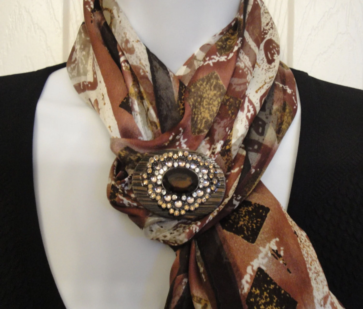 Metal and Brown Rhinestone Brooch 2 by 1 and 12 Recycled On Oval Wood Back with New Magnetic-Back Clasp Bonus Scarf Easy To Wear - Image 4