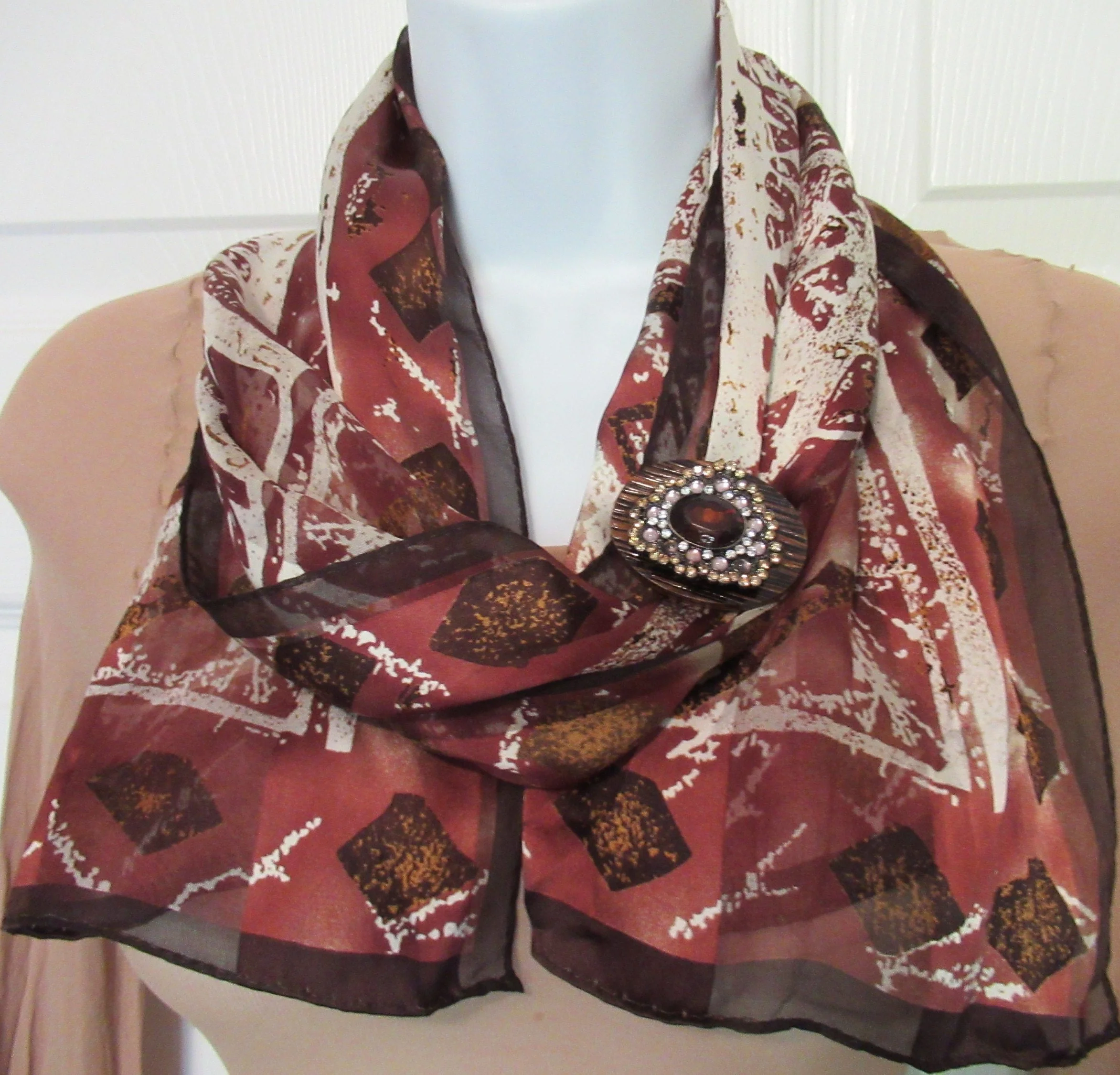 Metal and Brown Rhinestone Brooch 2 by 1 and 12 Recycled On Oval Wood Back with New Magnetic-Back Clasp Bonus Scarf Easy To Wear - Image 6