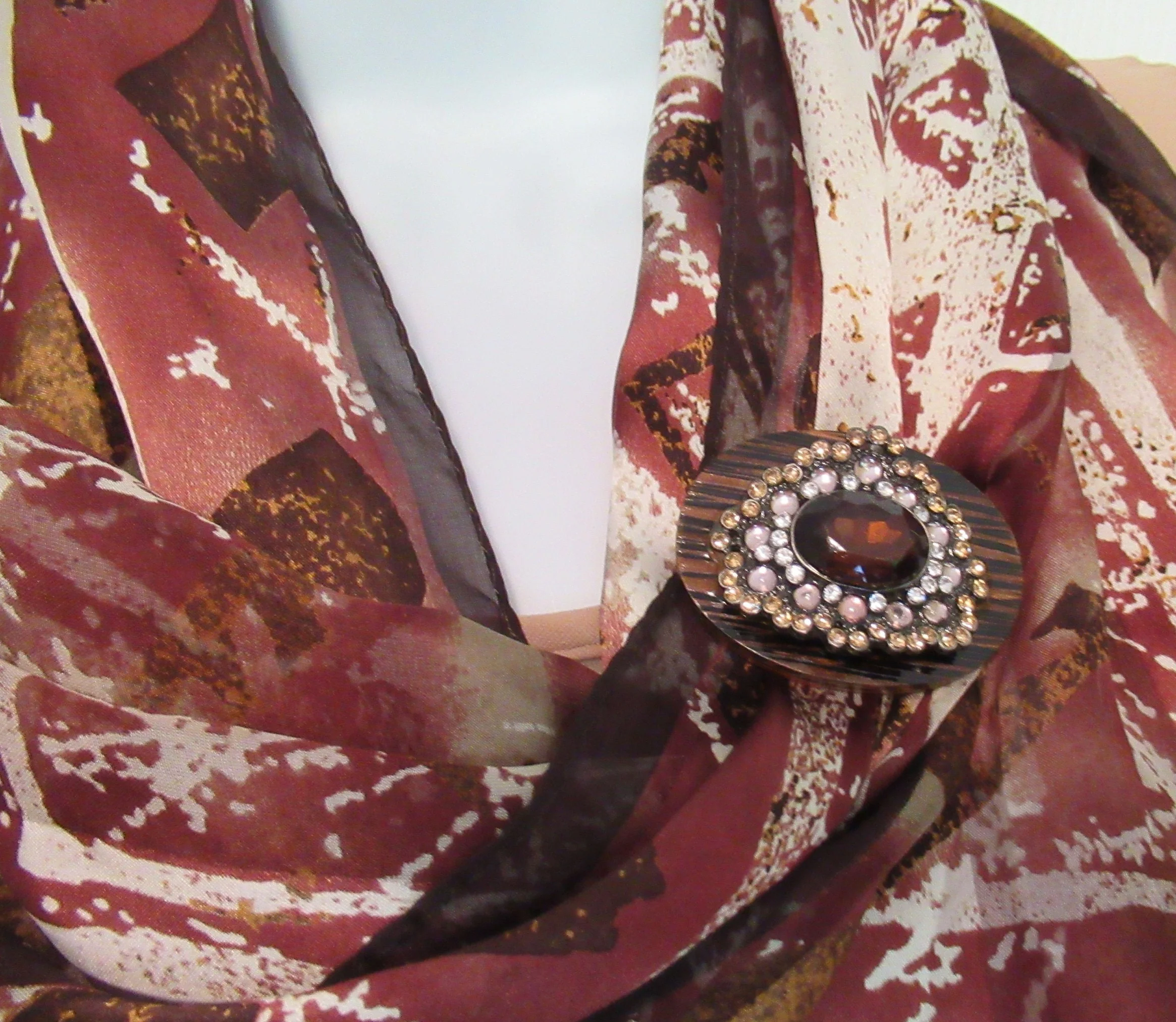 Metal and Brown Rhinestone Brooch 2 by 1 and 12 Recycled On Oval Wood Back with New Magnetic-Back Clasp Bonus Scarf Easy To Wear - Image 7