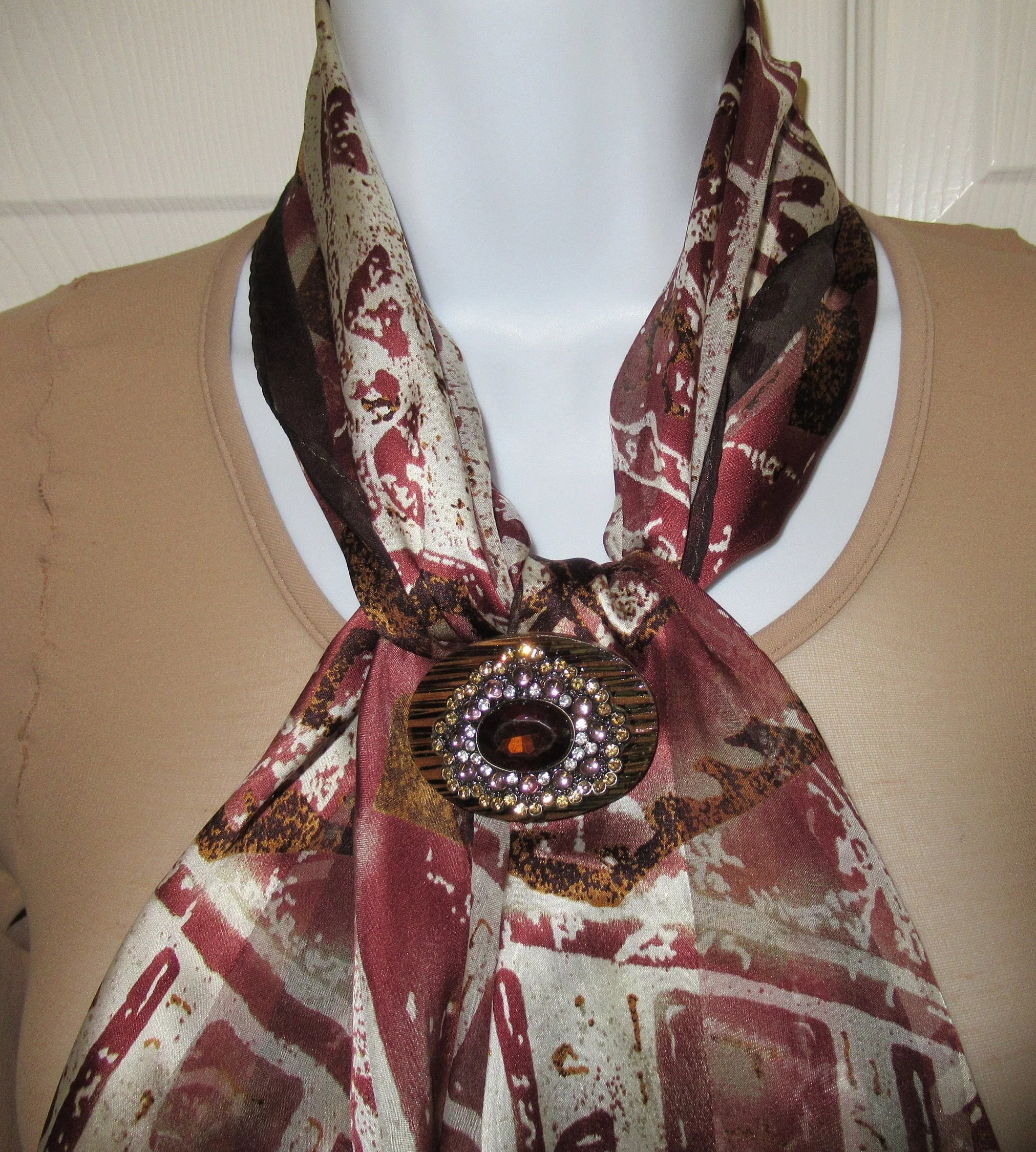 Metal and Brown Rhinestone Brooch 2 by 1 and 12 Recycled On Oval Wood Back with New Magnetic-Back Clasp Bonus Scarf Easy To Wear - Image 8