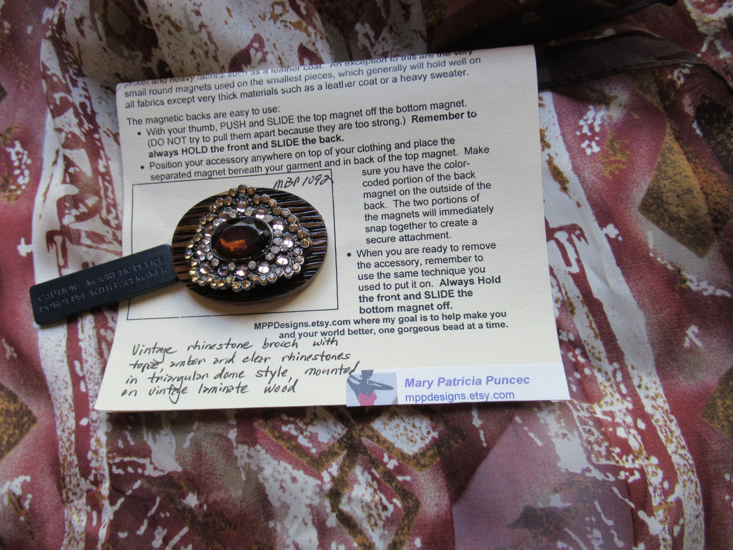 Metal and Brown Rhinestone Brooch 2 by 1 and 12 Recycled On Oval Wood Back with New Magnetic-Back Clasp Bonus Scarf Easy To Wear - Image 9