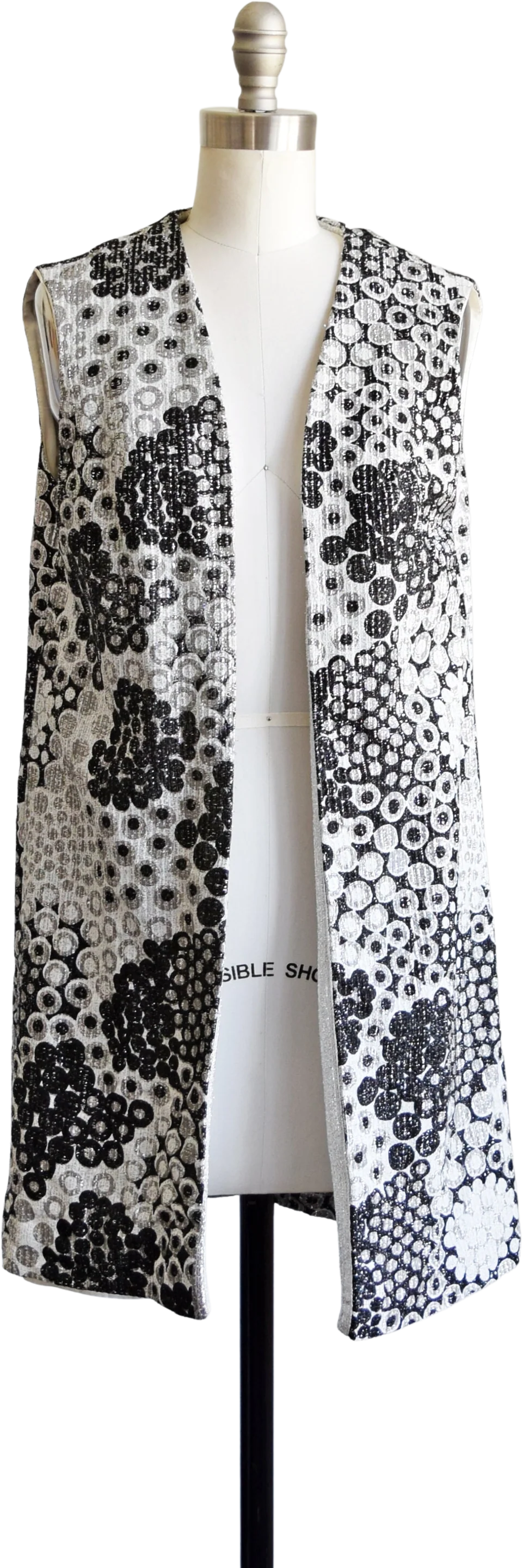 Metallic Mod Vest Vintage 70s Mod Vest, Black, Silver, & White Polka Dot Long Tunic Vest, Small by Pat Richards