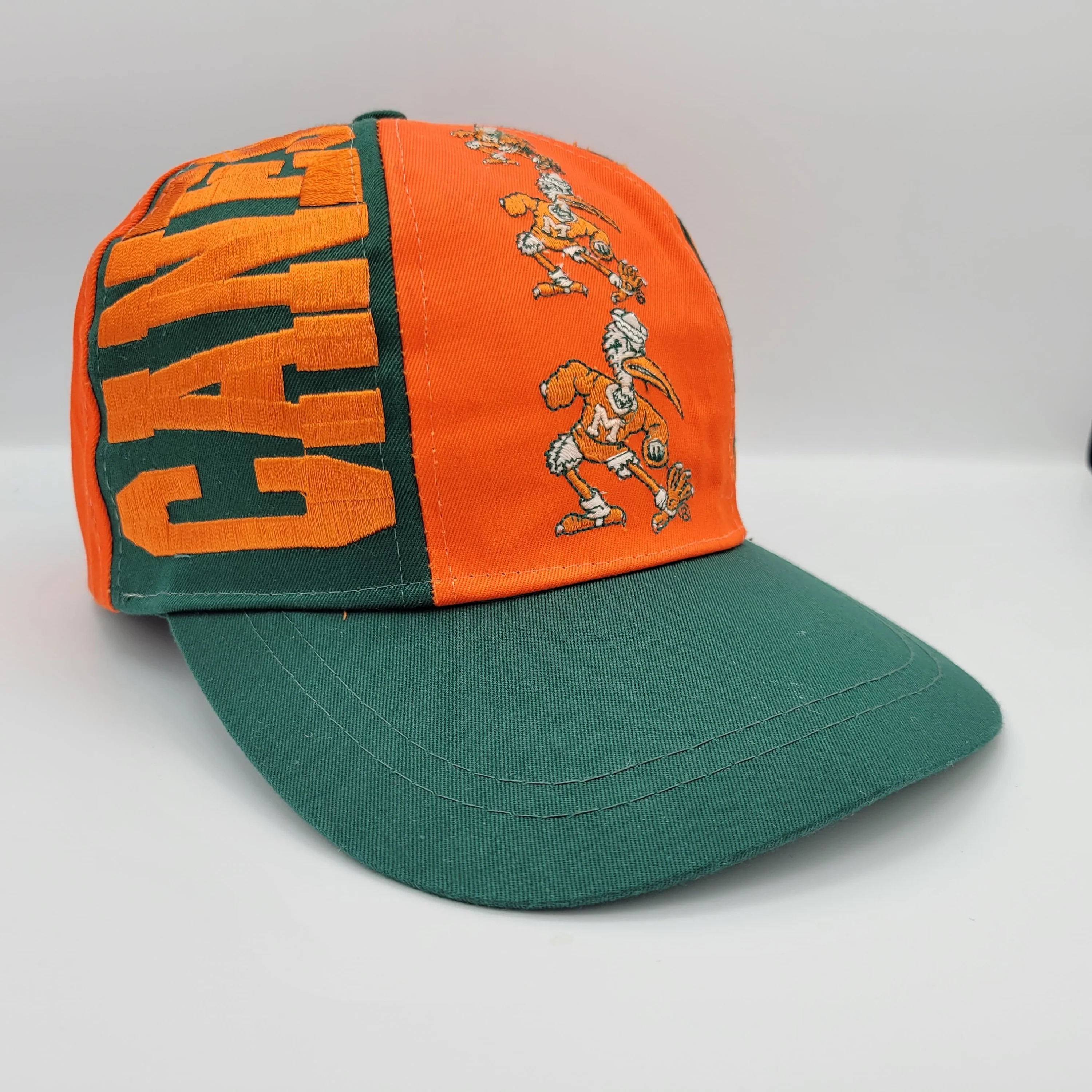 Miami Hurricanes Vintage 90s Pinwheel Snapback Hat University College Green Orange Baseball Cap Green Under Bill - Image 2