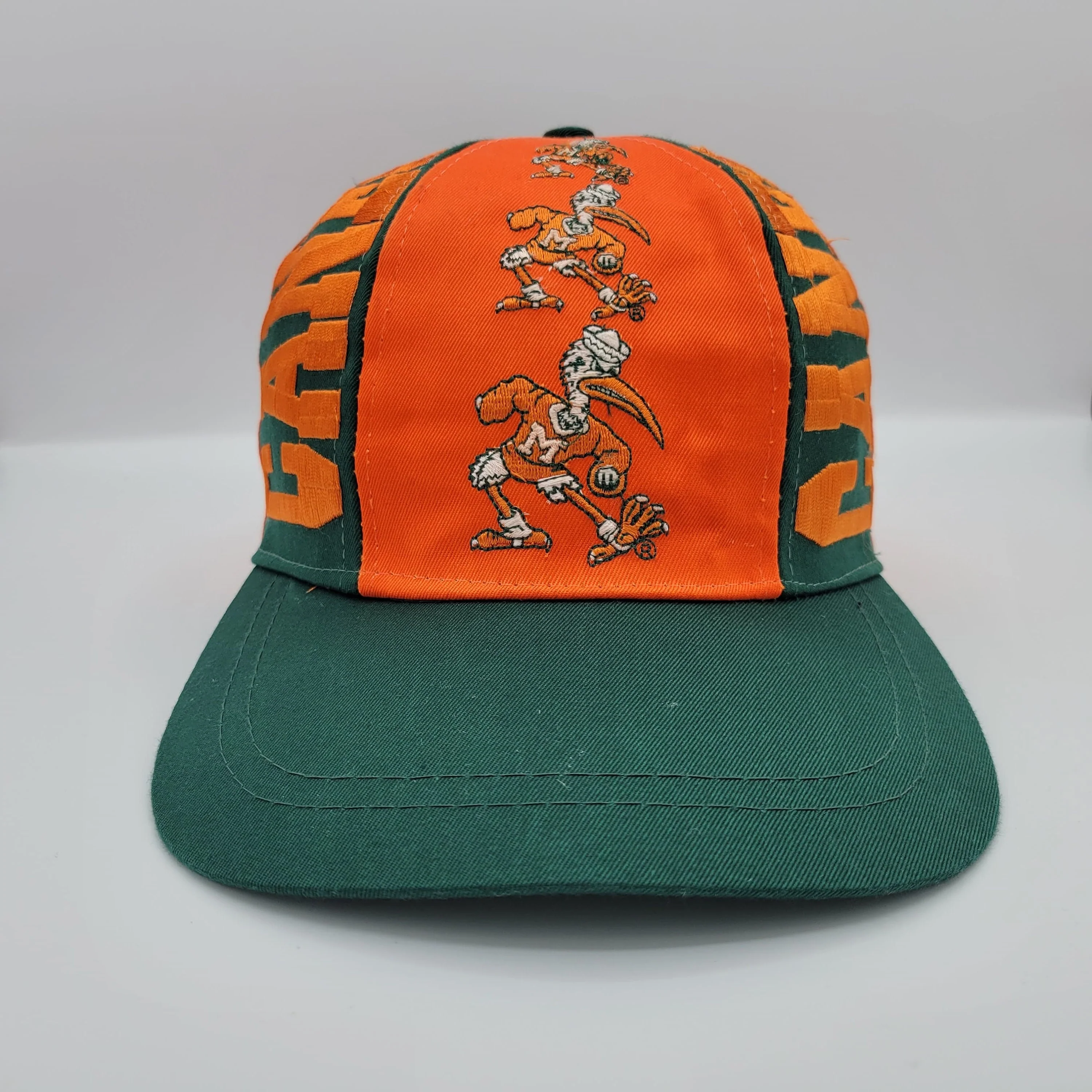 Miami Hurricanes Vintage 90s Pinwheel Snapback Hat University College Green Orange Baseball Cap Green Under Bill - Image 3