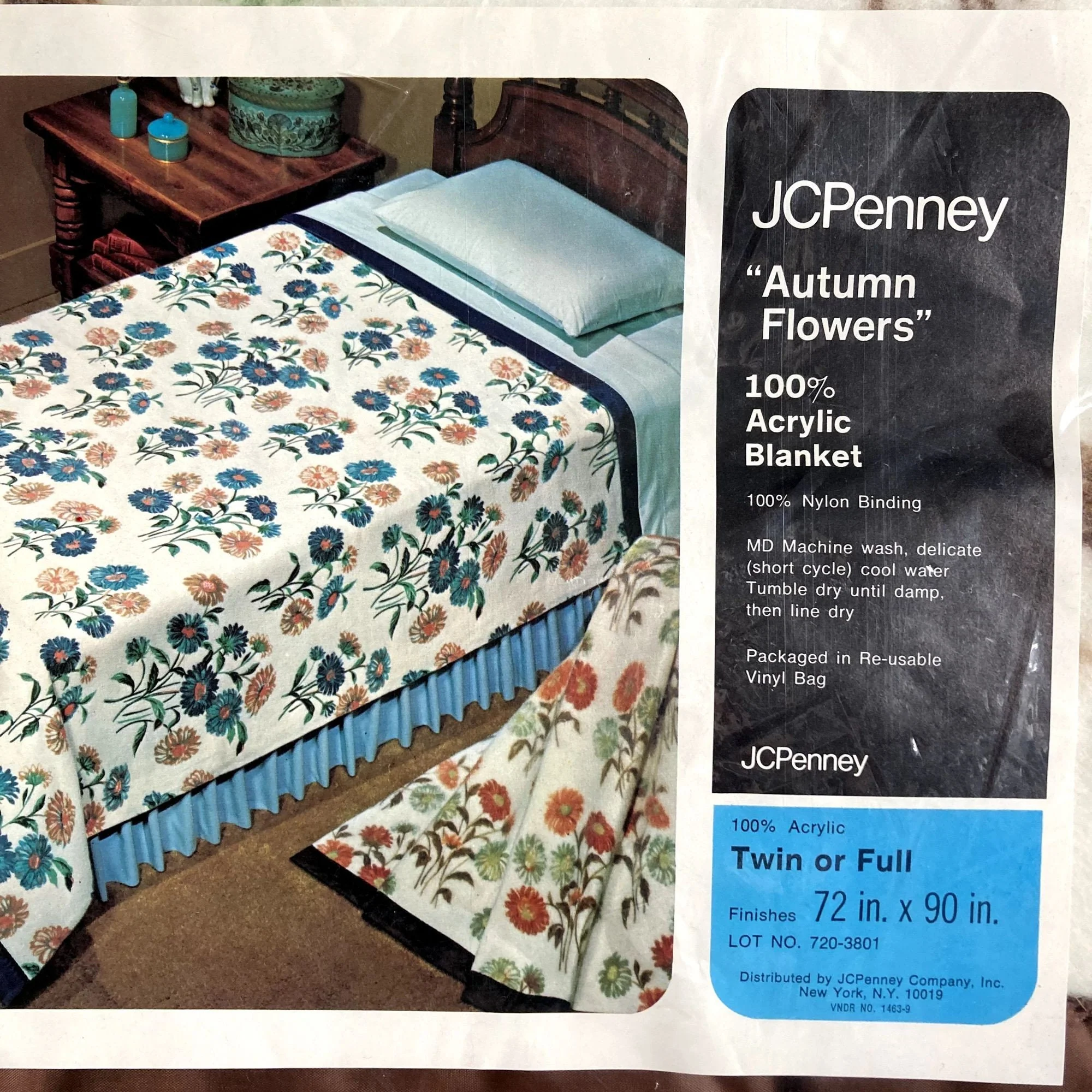 Mid Century Autumn Flowers Acrylic Blanket Satin Trim New In Package Vintage by JCPenney - Image 2