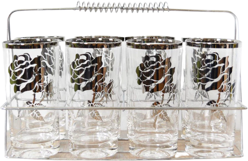 Mid Century Silver Rim Cocktail Set Vintage 60s Floral Highball Glasses with Caddy, 60s Barware Party, 11oz
