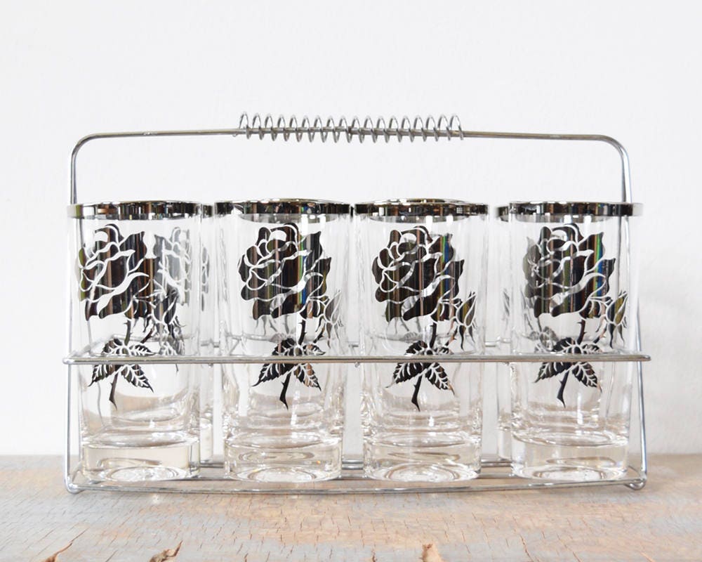 Mid Century Silver Rim Cocktail Set Vintage 60s Floral Highball Glasses with Caddy, 60s Barware Party, 11oz - Image 2