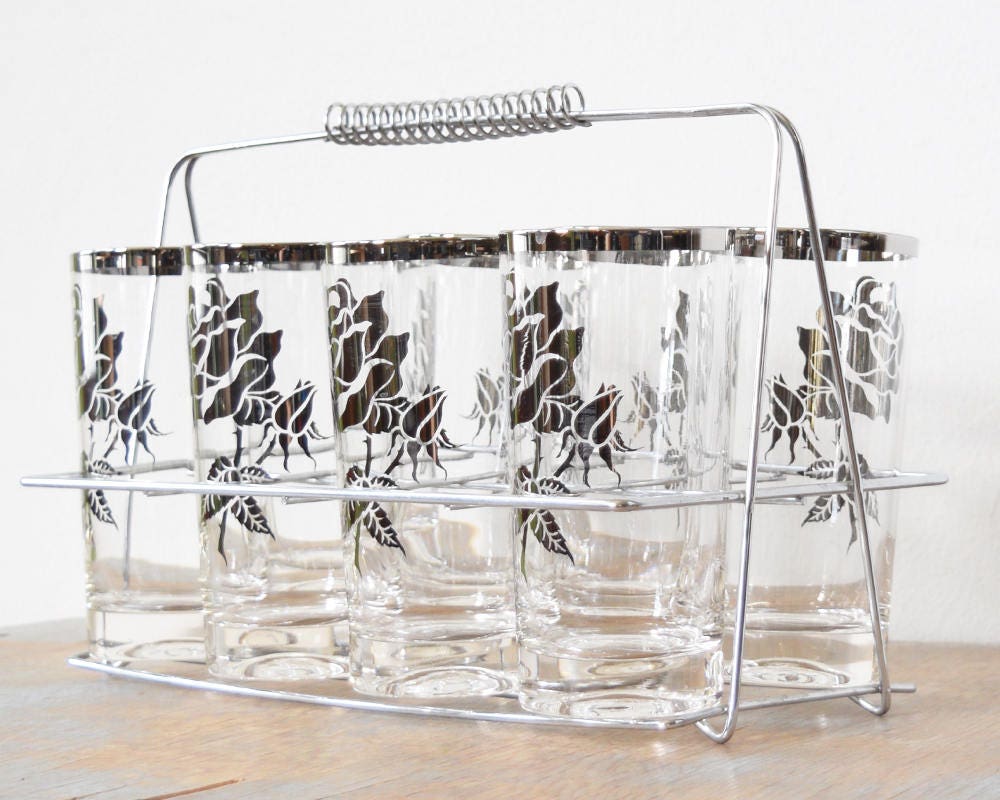 Mid Century Silver Rim Cocktail Set Vintage 60s Floral Highball Glasses with Caddy, 60s Barware Party, 11oz - Image 3
