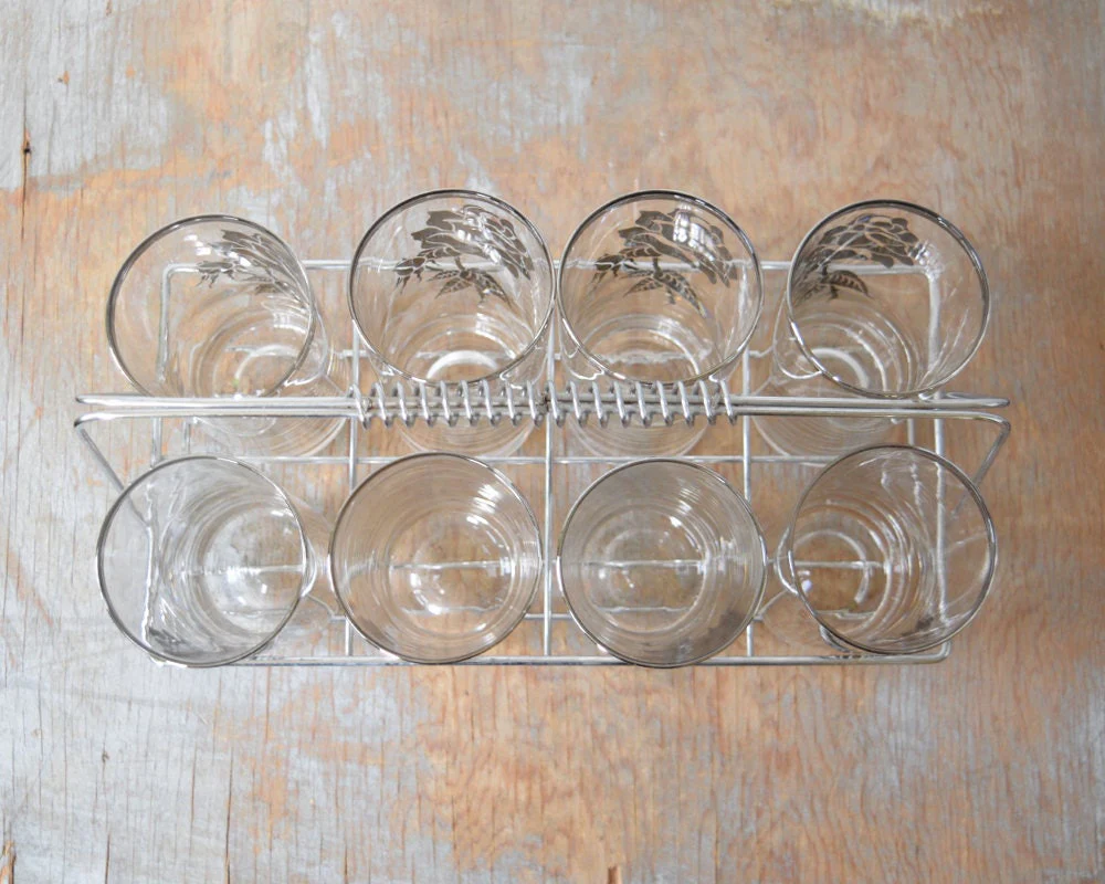 Mid Century Silver Rim Cocktail Set Vintage 60s Floral Highball Glasses with Caddy, 60s Barware Party, 11oz - Image 4