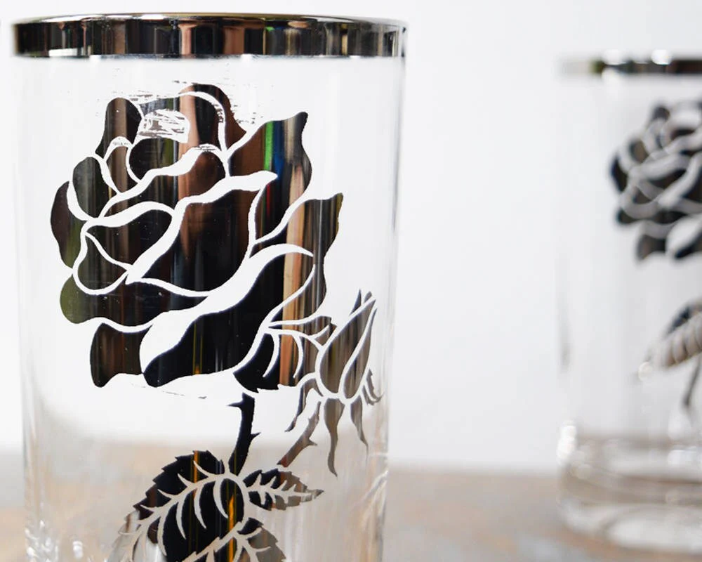 Mid Century Silver Rim Cocktail Set Vintage 60s Floral Highball Glasses with Caddy, 60s Barware Party, 11oz - Image 5