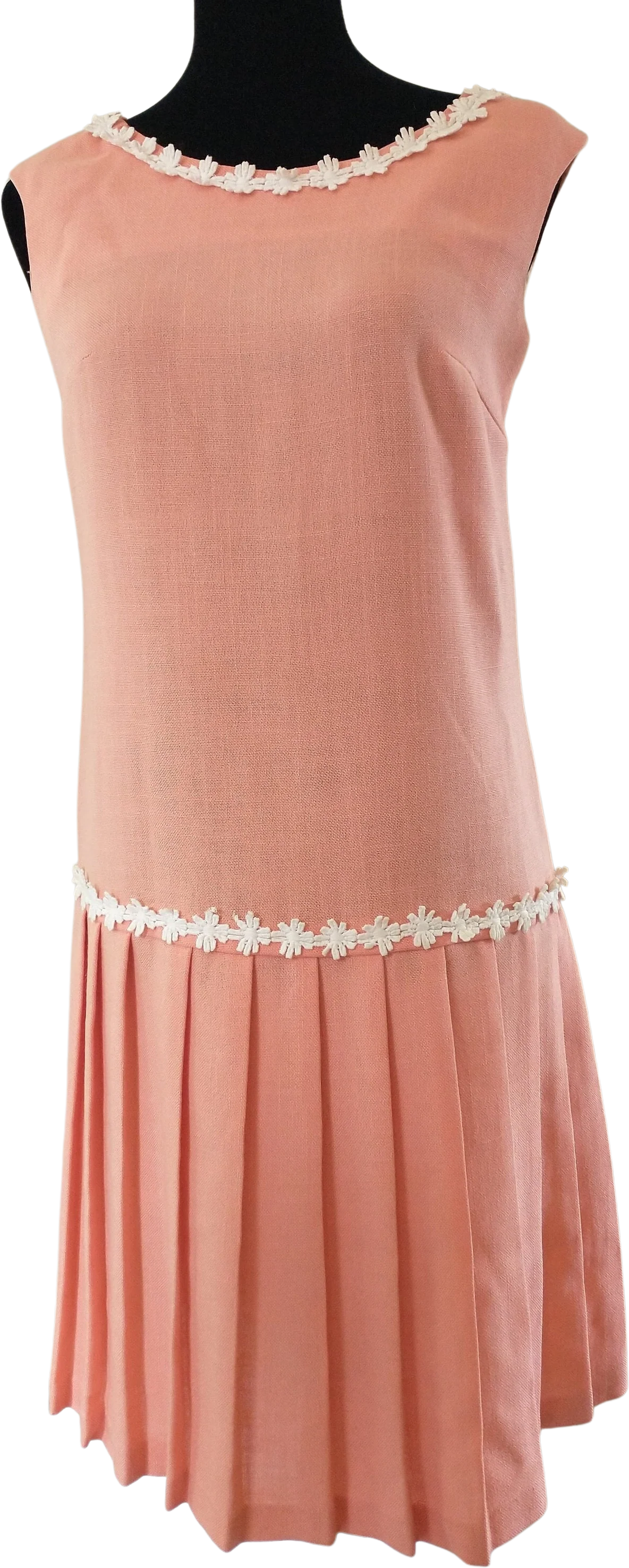 Midcentury 20s Style Dropwaist Shift Dress Women's Small Apricot Colored Women's Small Sleeveless Summer Rickrack Neckline