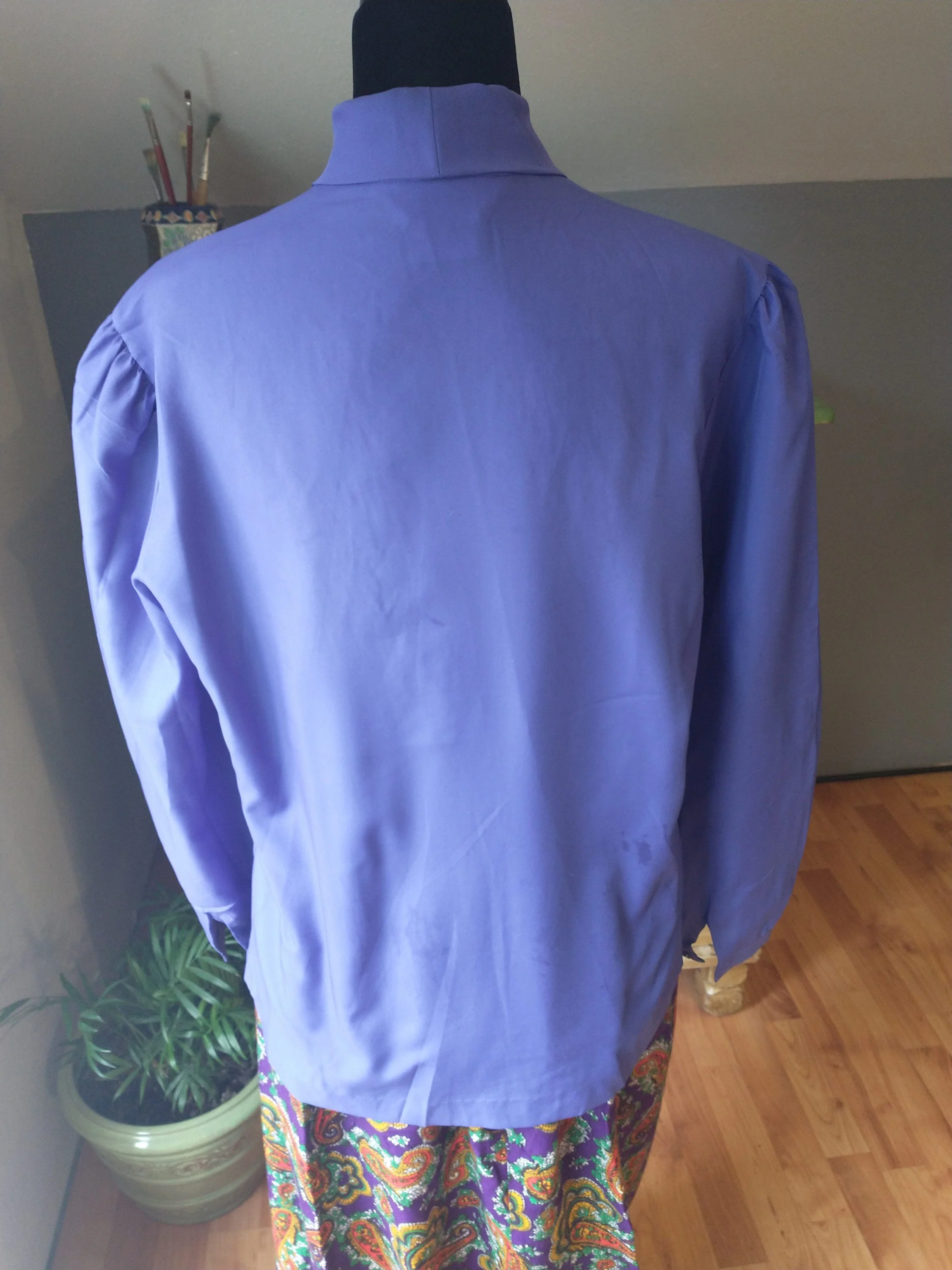Midcentury Deep Purple Blouse Ties At Neck Long Sleeve Lightweight Poly Rockabilly by Ship 'n Shore - Image 2