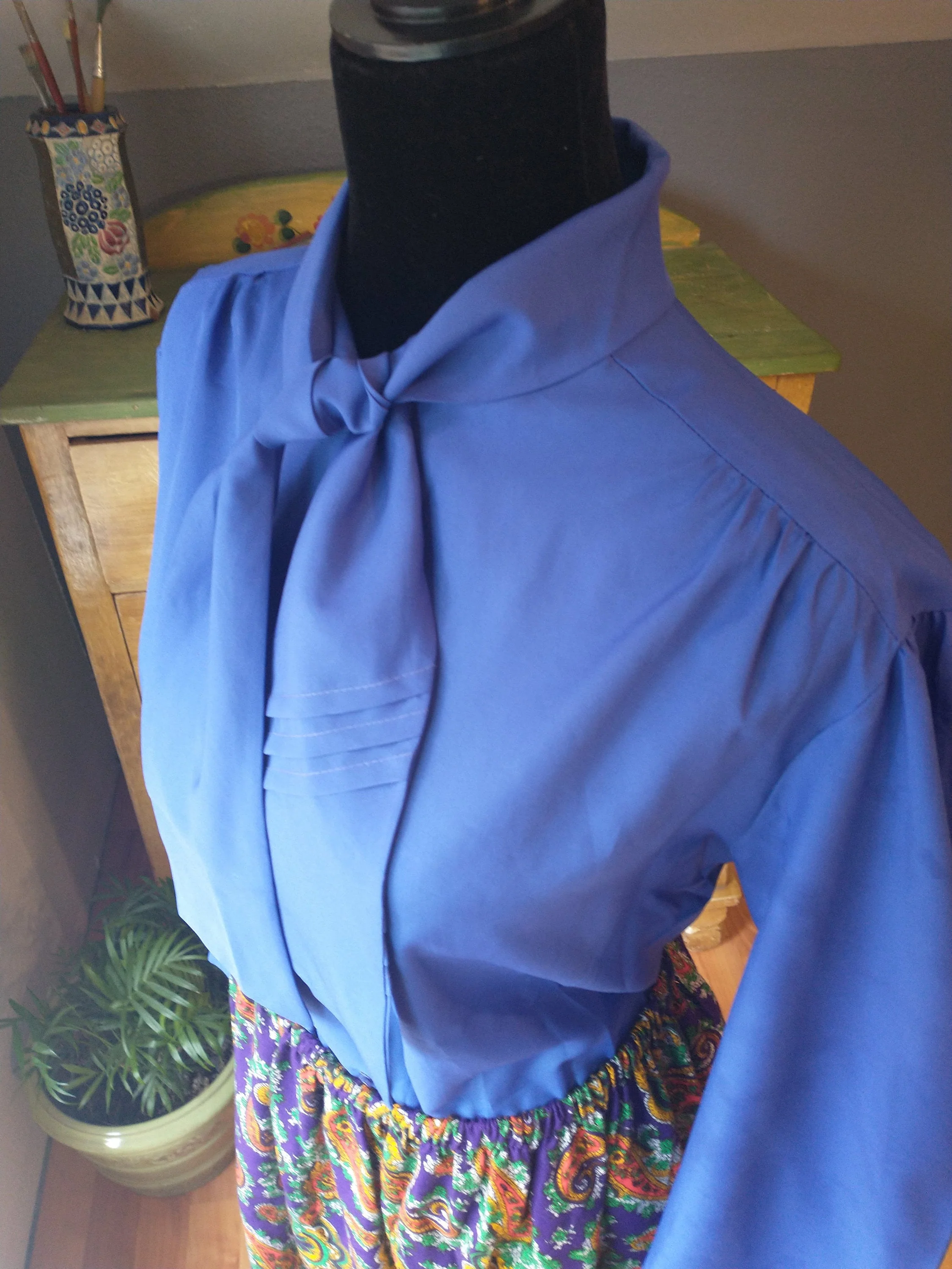 Midcentury Deep Purple Blouse Ties At Neck Long Sleeve Lightweight Poly Rockabilly by Ship 'n Shore - Image 3