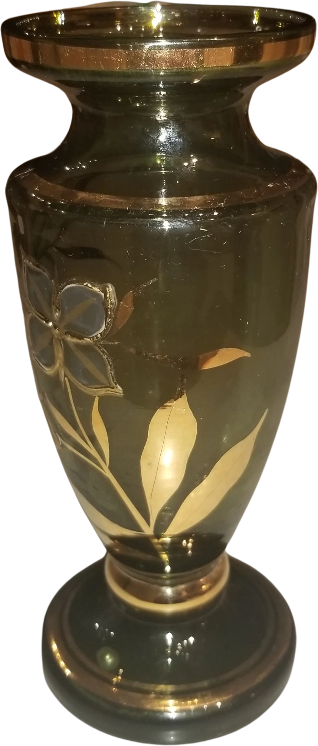 Midcenturygreen Glass Goldtrimhand Painted Flowers
