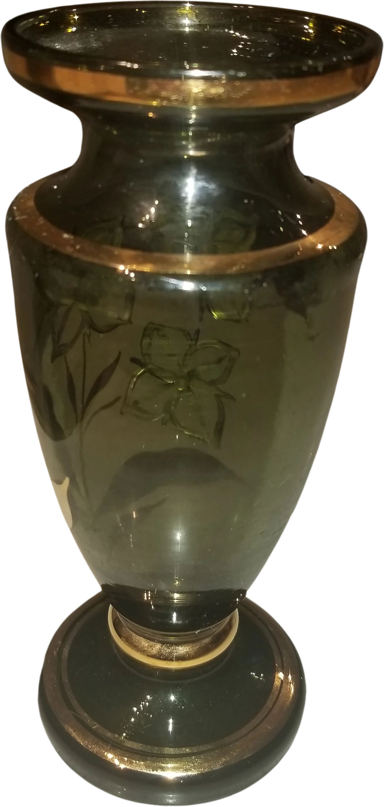 Midcenturygreen Glass Goldtrimhand Painted Flowers - Image 2