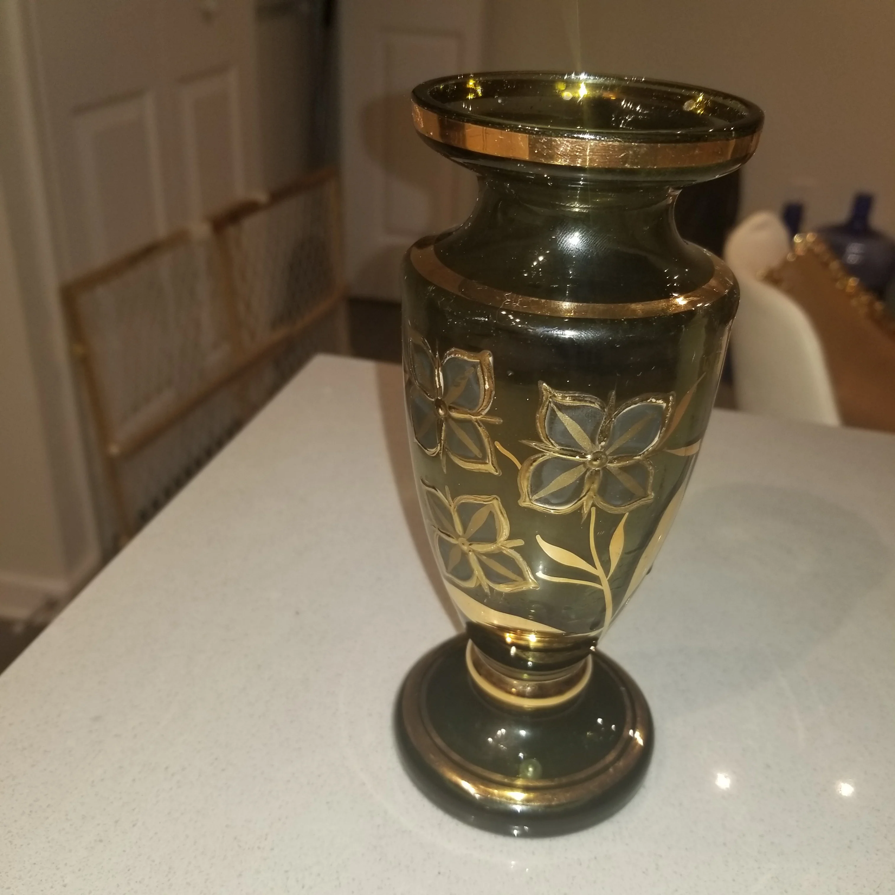 Midcenturygreen Glass Goldtrimhand Painted Flowers - Image 5