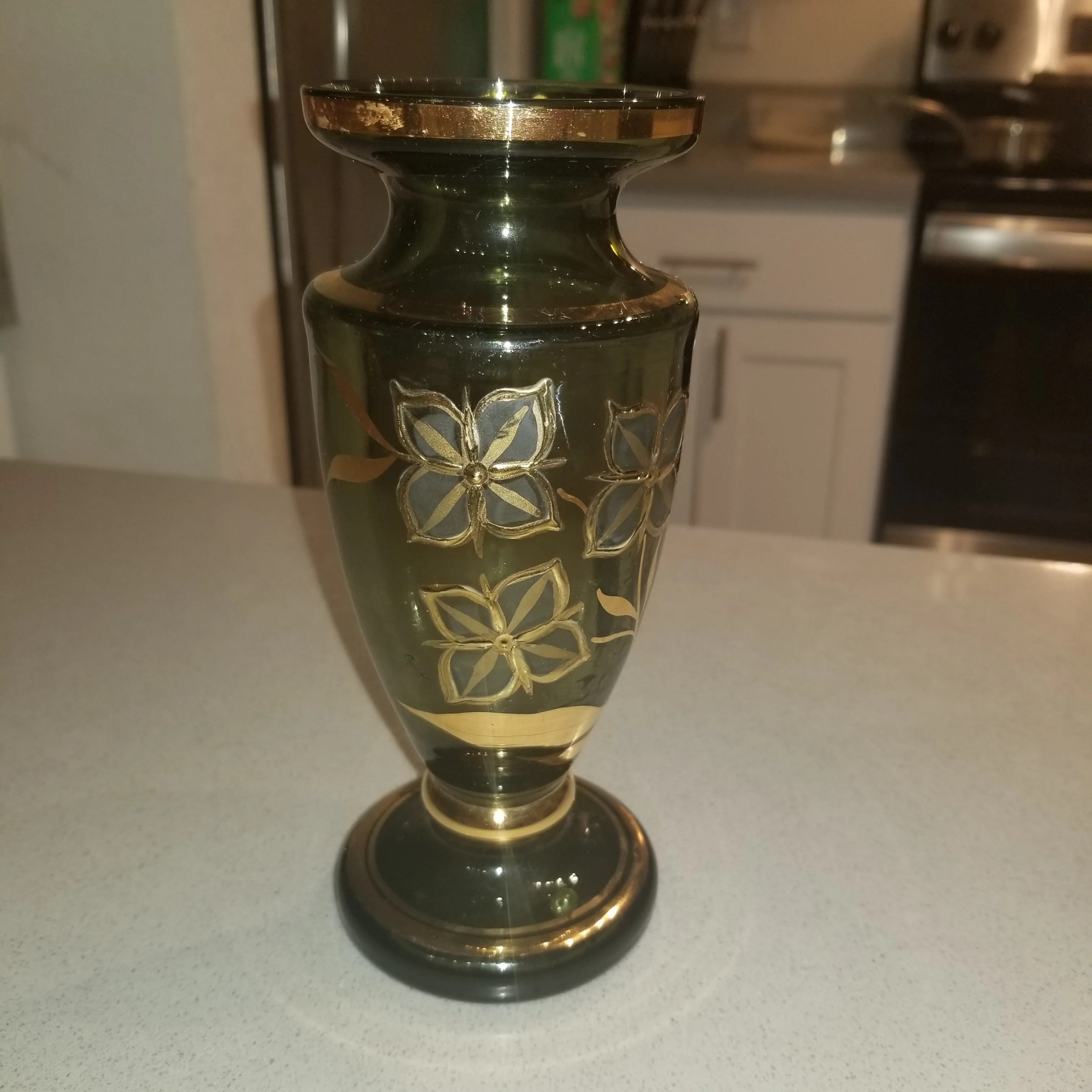 Midcenturygreen Glass Goldtrimhand Painted Flowers - Image 8