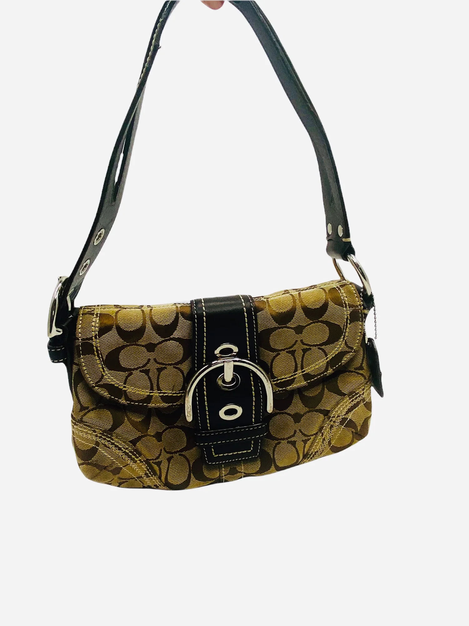 Mini Coach Monogram Logo Vintage Bag Brown Leather and Tan Canvas Bag by Coach Logo Monogram Canvas - Image 8
