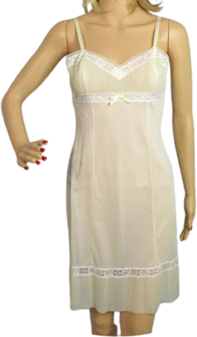 Mini Slip 60s St Michael Pastel Yellow Nylon Pleated Ruffle Hem and Bodice W Lace Non Adjustable Straps Flirty Lingerie by St Michael