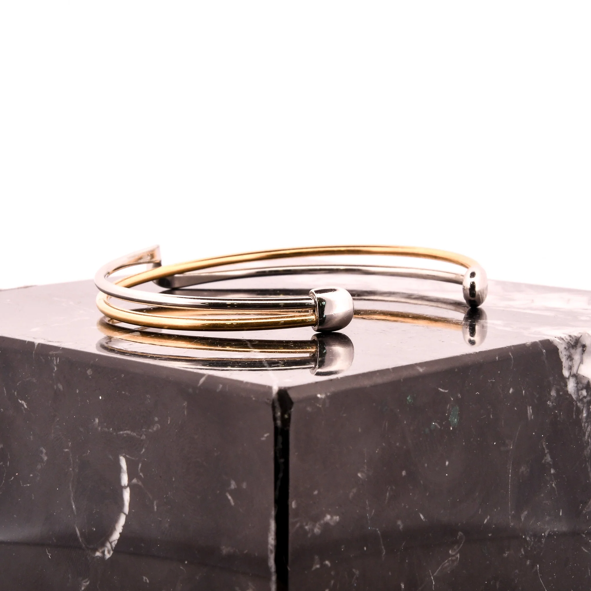 Minimalist Silver and Brass Linear Wave Cuff Bracelet - Image 4