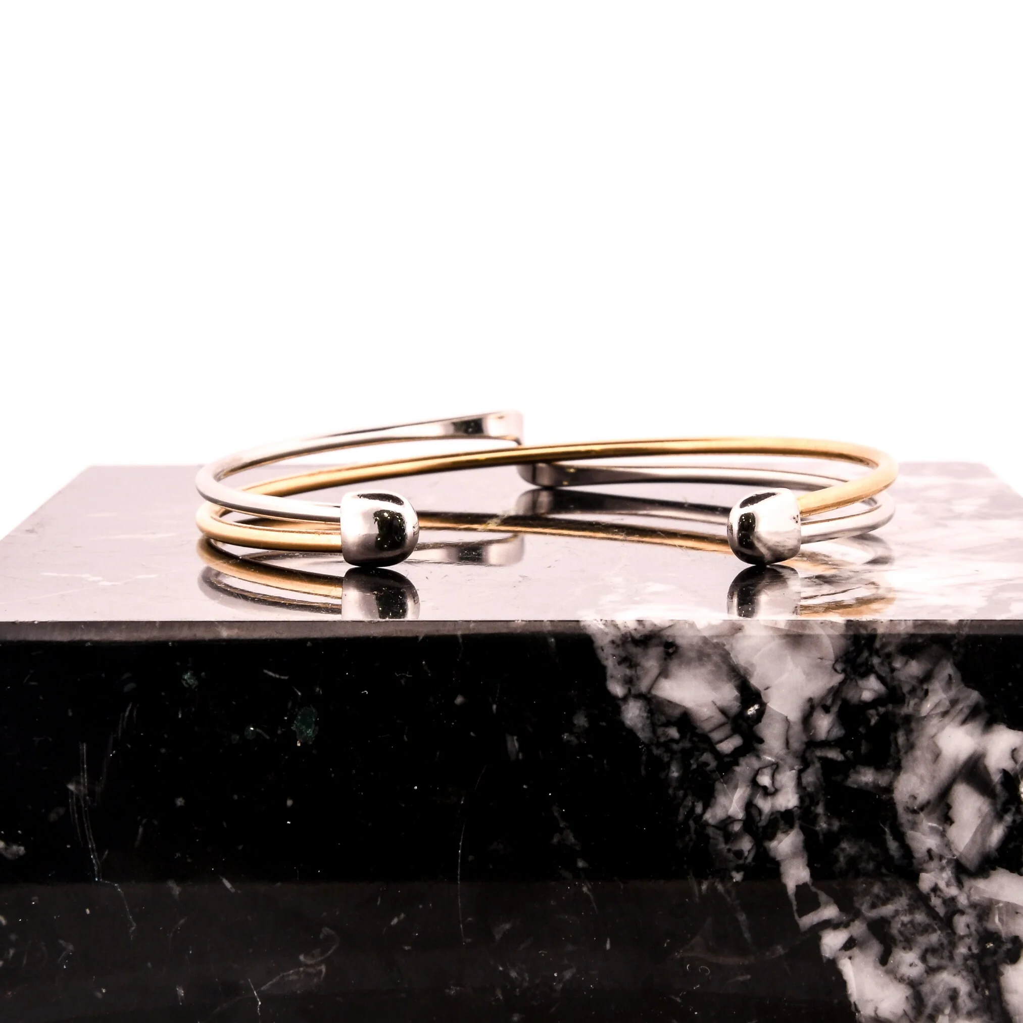 Minimalist Silver and Brass Linear Wave Cuff Bracelet - Image 5