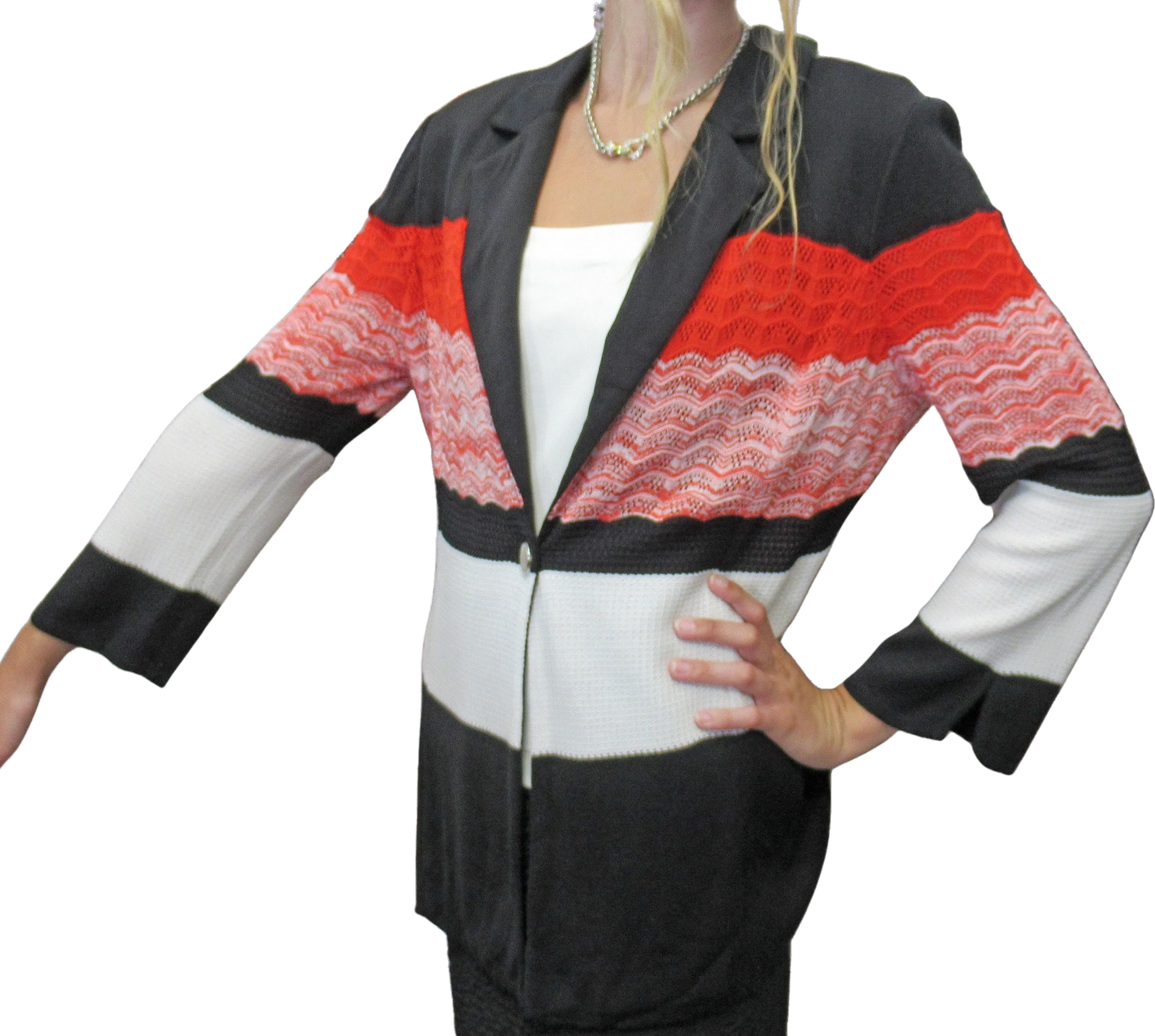 Misook Knit Blazer Red Black White Striped V-Neck with Collar 1 Front Button Sleeves Acrylic Polyester by Misook