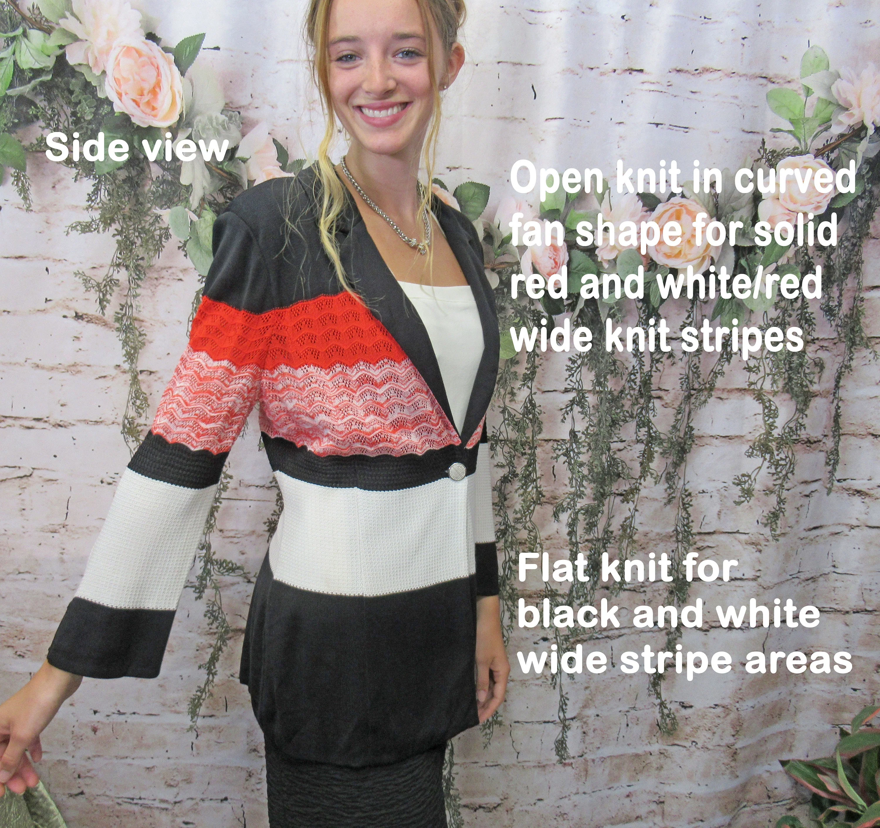 Misook Knit Blazer Red Black White Striped V-Neck with Collar 1 Front Button Sleeves Acrylic Polyester by Misook - Image 4