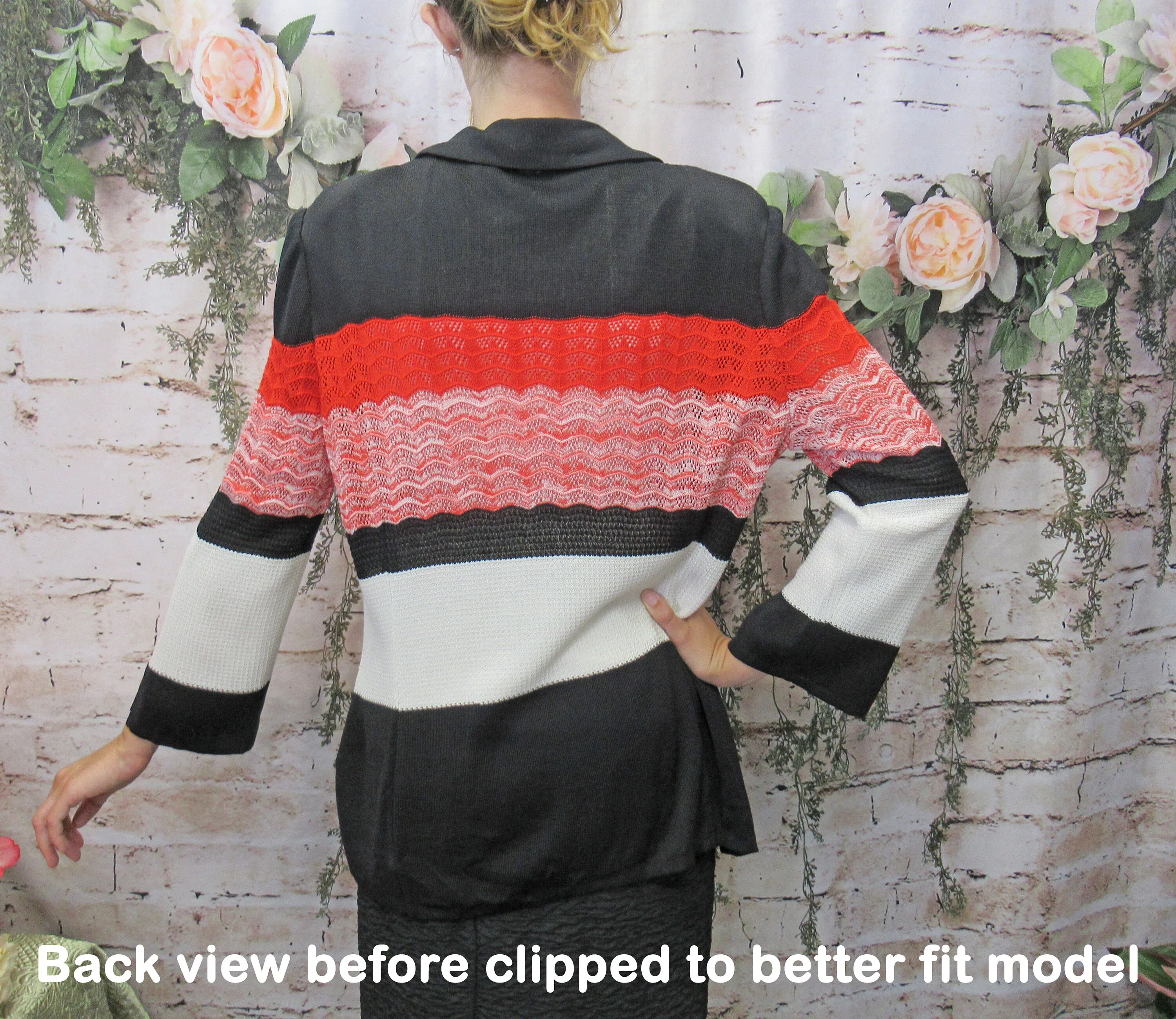 Misook Knit Blazer Red Black White Striped V-Neck with Collar 1 Front Button Sleeves Acrylic Polyester by Misook - Image 7