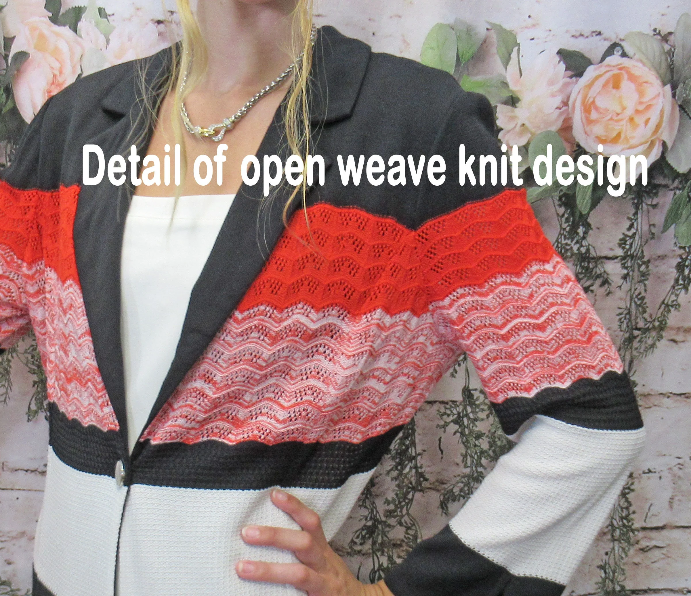 Misook Knit Blazer Red Black White Striped V-Neck with Collar 1 Front Button Sleeves Acrylic Polyester by Misook - Image 9