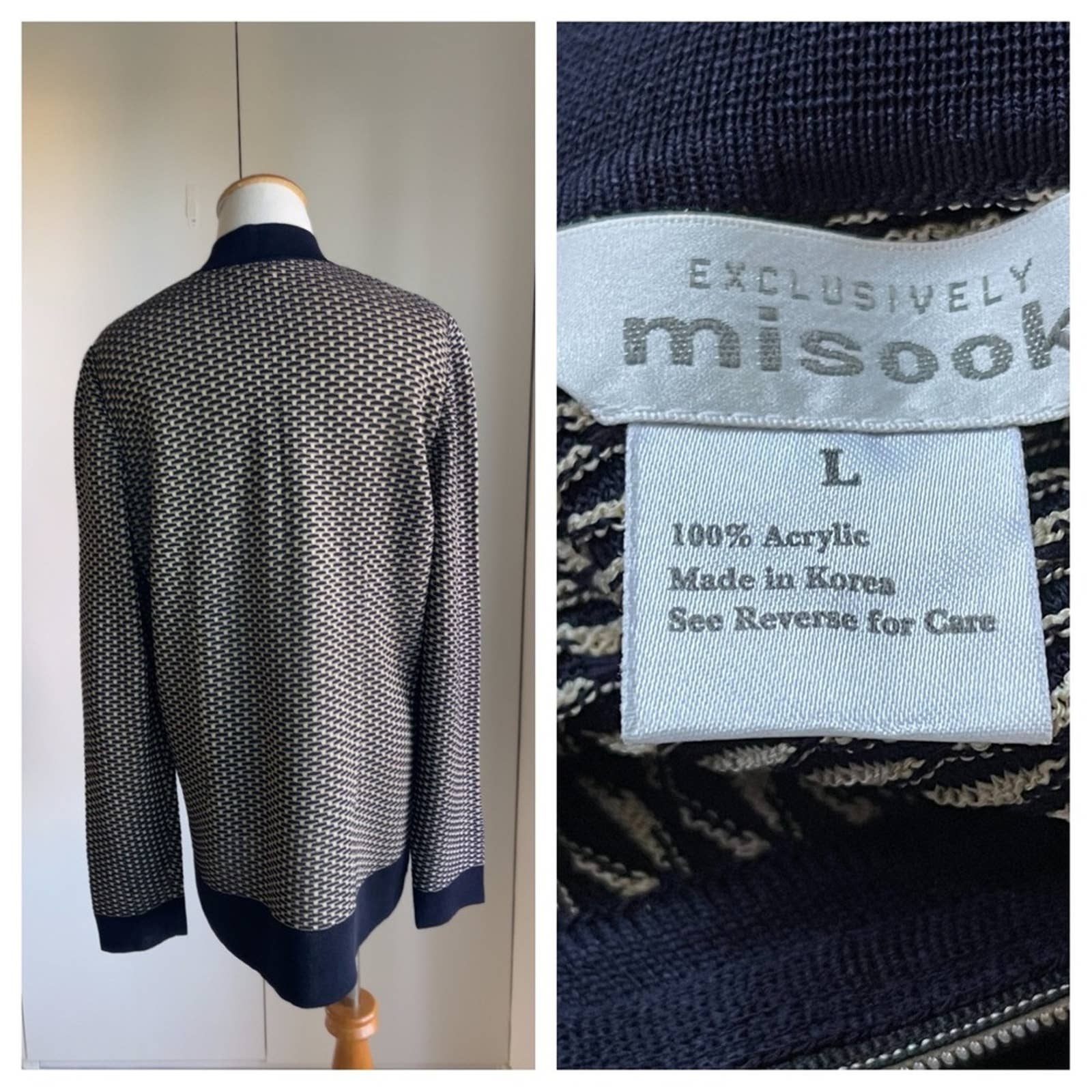 Misook Zipper Cardigan Sweater Jacket Navy Gold Large Business Career Classic by Misook - Image 2