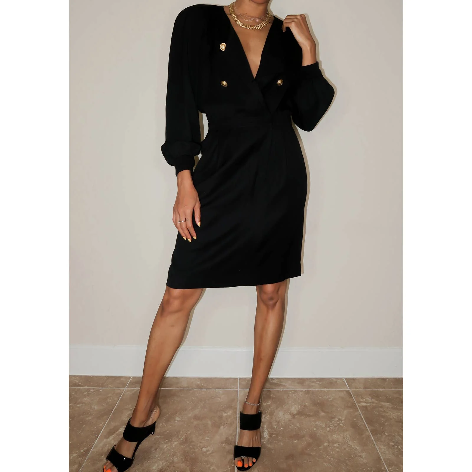 Miss V Vintage Black Wool Sheath Dress with Gold Button Detail by Valentino - Image 8