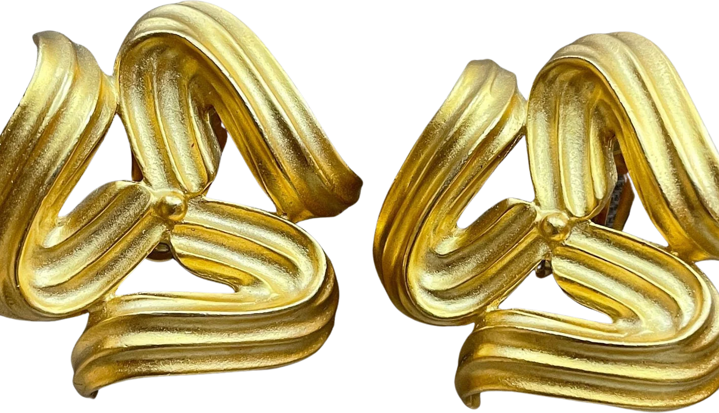 Modernist Abstract Gold Ribbon Clip On Statement Earrings Vintage Earrings Matte Gold Big Huge Massive