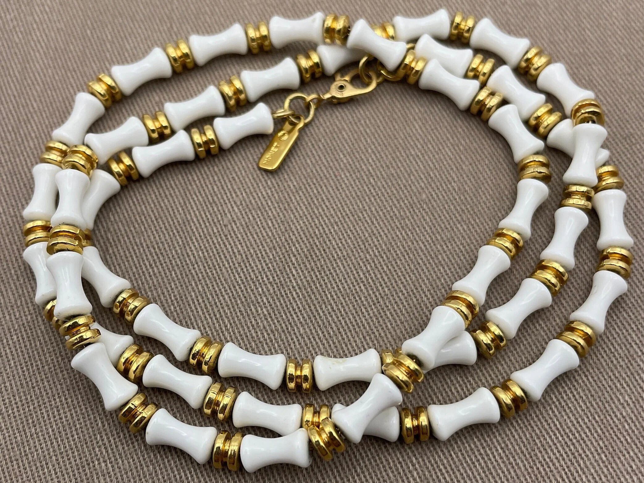 Monet Bamboo Motif Layering Statement Necklace White Acrylic Beads - Image 2