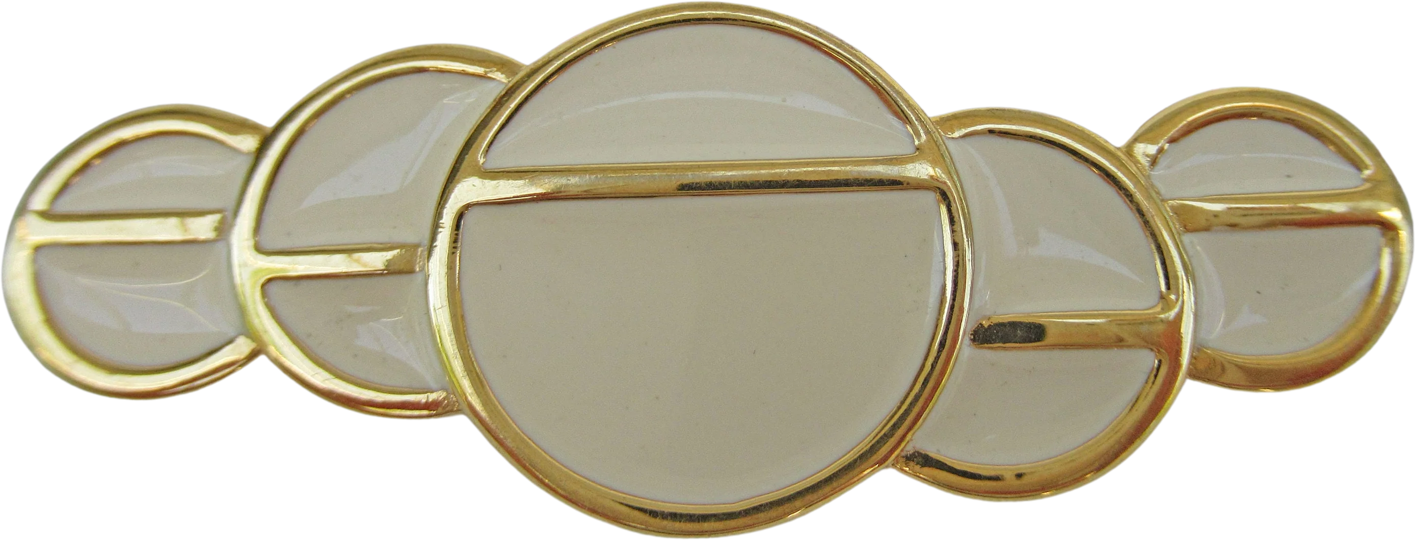 Monet Brooch Creamy White Enamel and Gold Tone Edge Mid Century Design of 5 Overlapping Circles by Monet