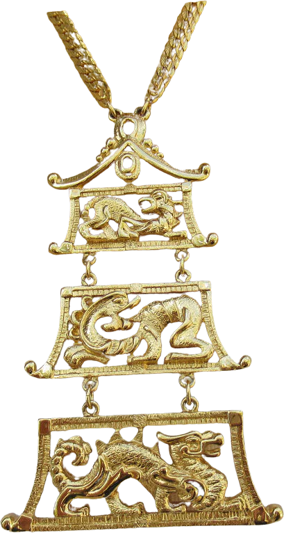 Monet Pendant and Dragons Necklace Gold Tone 60s Shanji Line Triple Pagodainspired Articulated Pendant Patented 1962 Signed Vintage by Monet