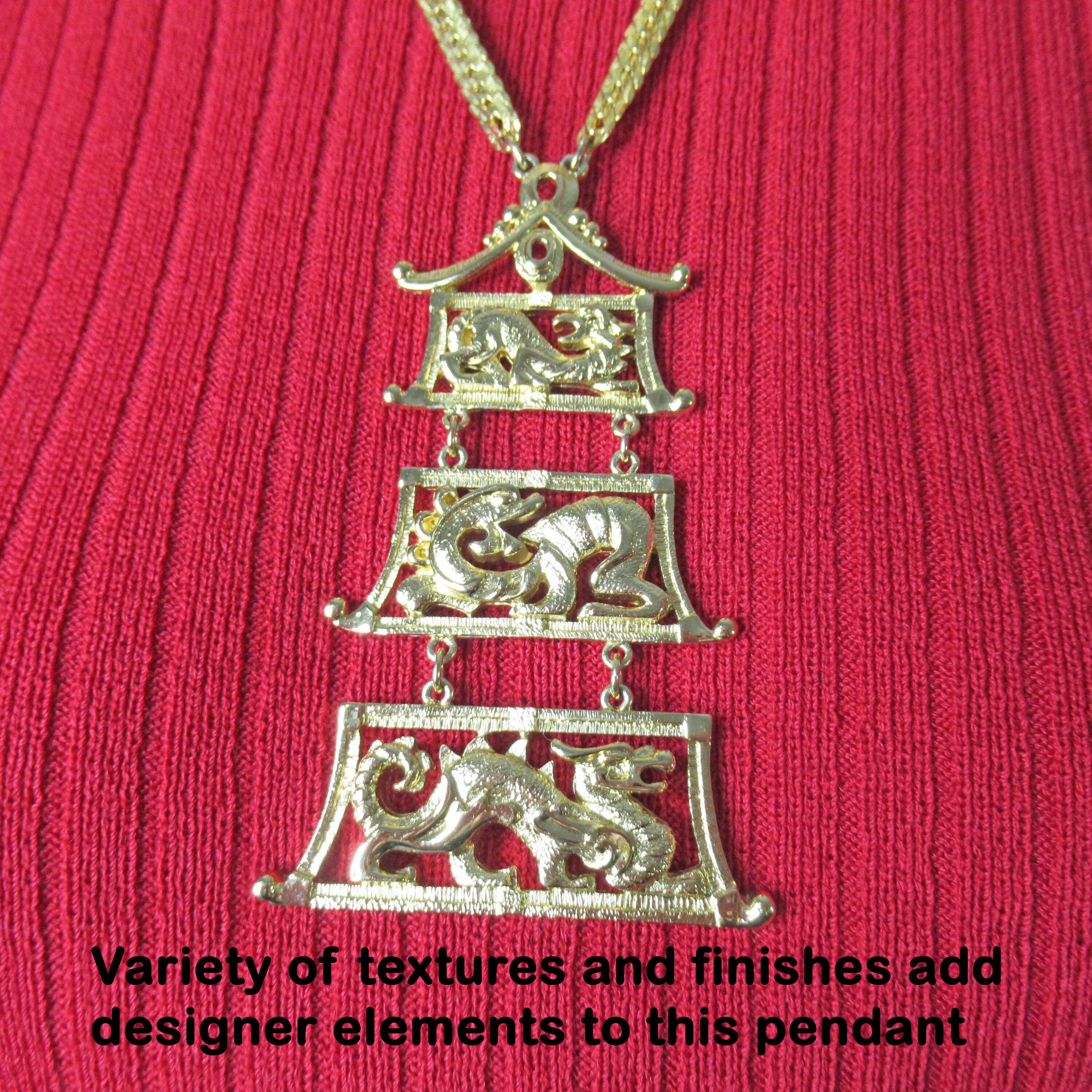 Monet Pendant and Dragons Necklace Gold Tone 60s Shanji Line Triple Pagodainspired Articulated Pendant Patented 1962 Signed Vintage by Monet - Image 10