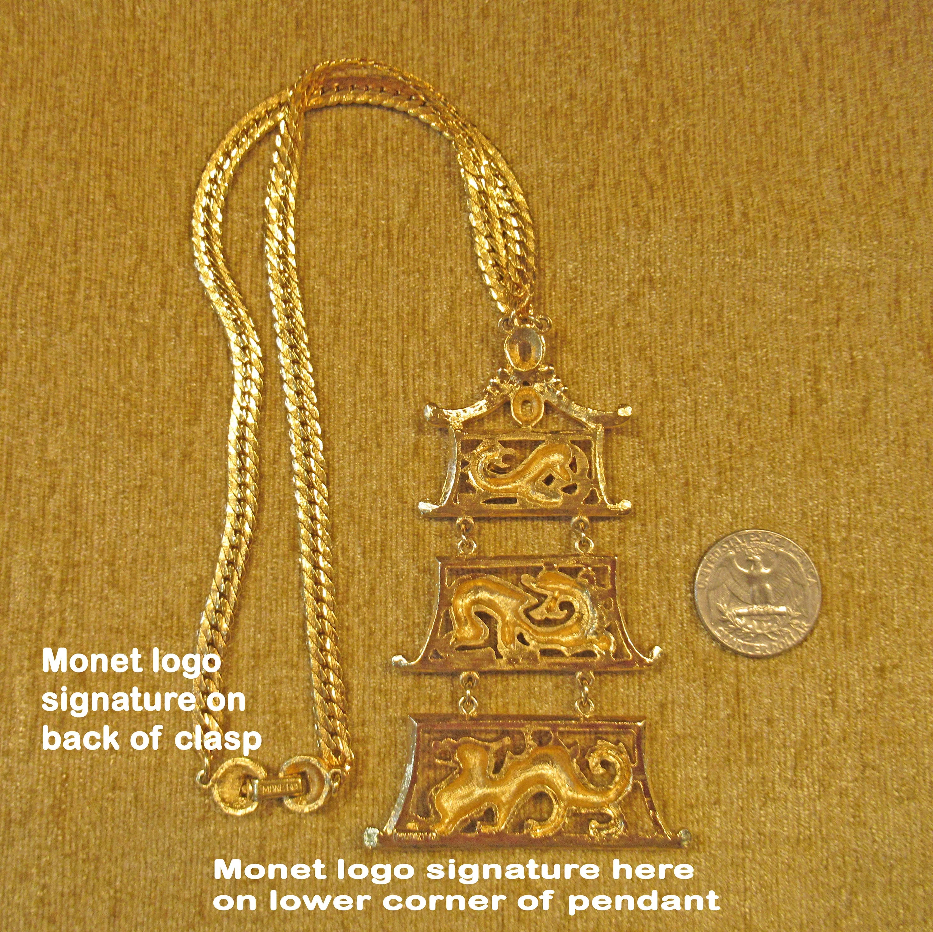 Monet Pendant and Dragons Necklace Gold Tone 60s Shanji Line Triple Pagodainspired Articulated Pendant Patented 1962 Signed Vintage by Monet - Image 2